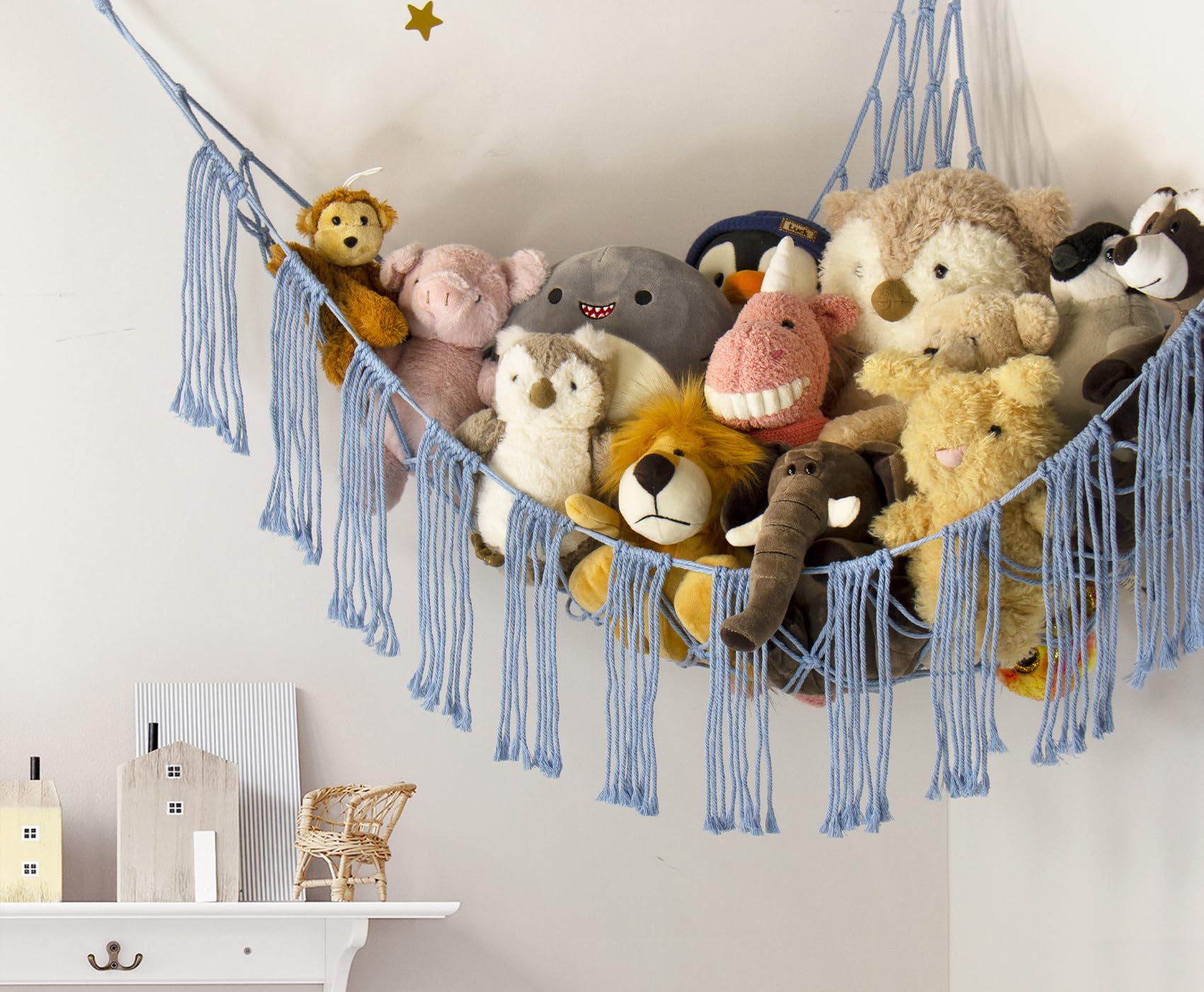 Stuffed Animal Hammock Corner with LED Light - Toy Storage Hammock Plushie Net Large - Cute Stuff Animals Holder Hanging Organizer - Baby Room Decor Kids Toddler Nursery Bedroom Boho