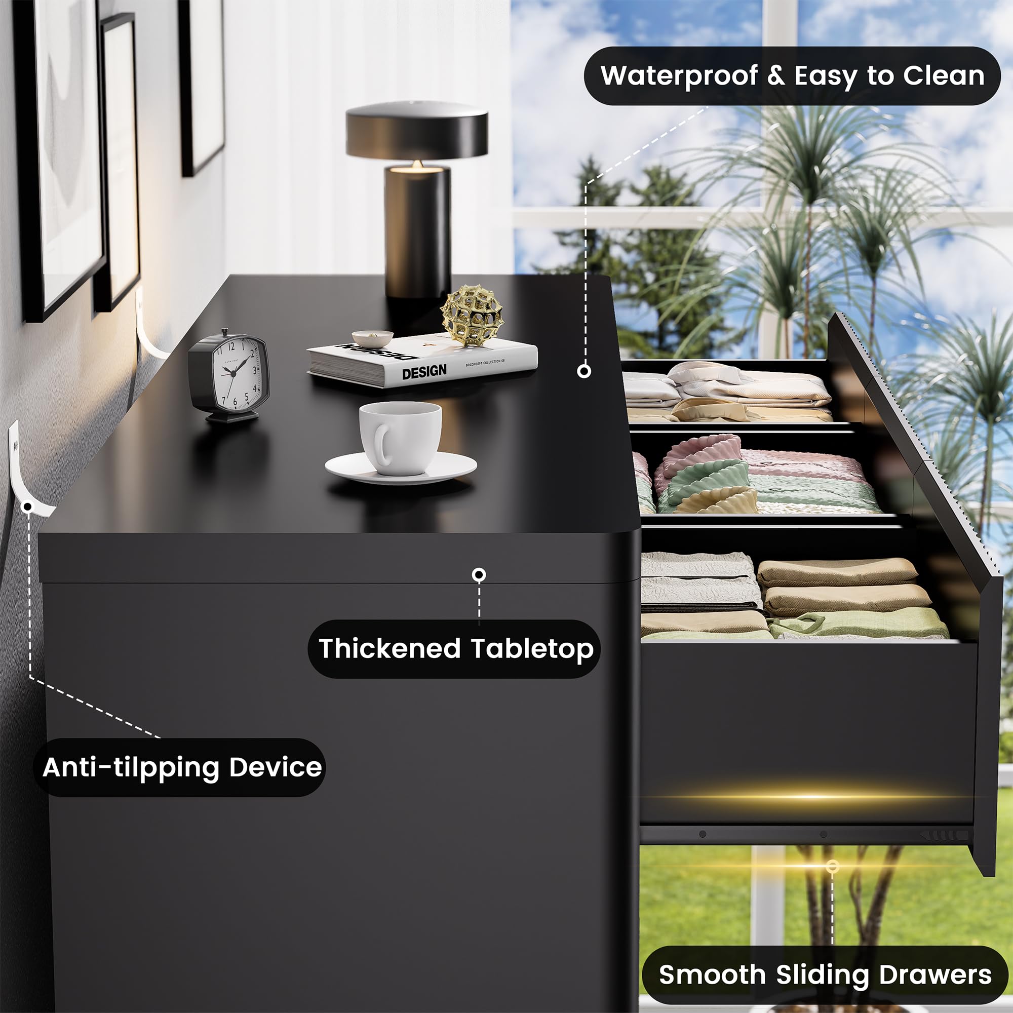Standifurno Black 56" Tall Dresser for Bedroom, Fluted Modern 6 Drawers Deep Dressers, Wood Chest of Drawers with Handleless, Curved Profil Storage Closet Dressers for Bedroom, Living Room, Hallway