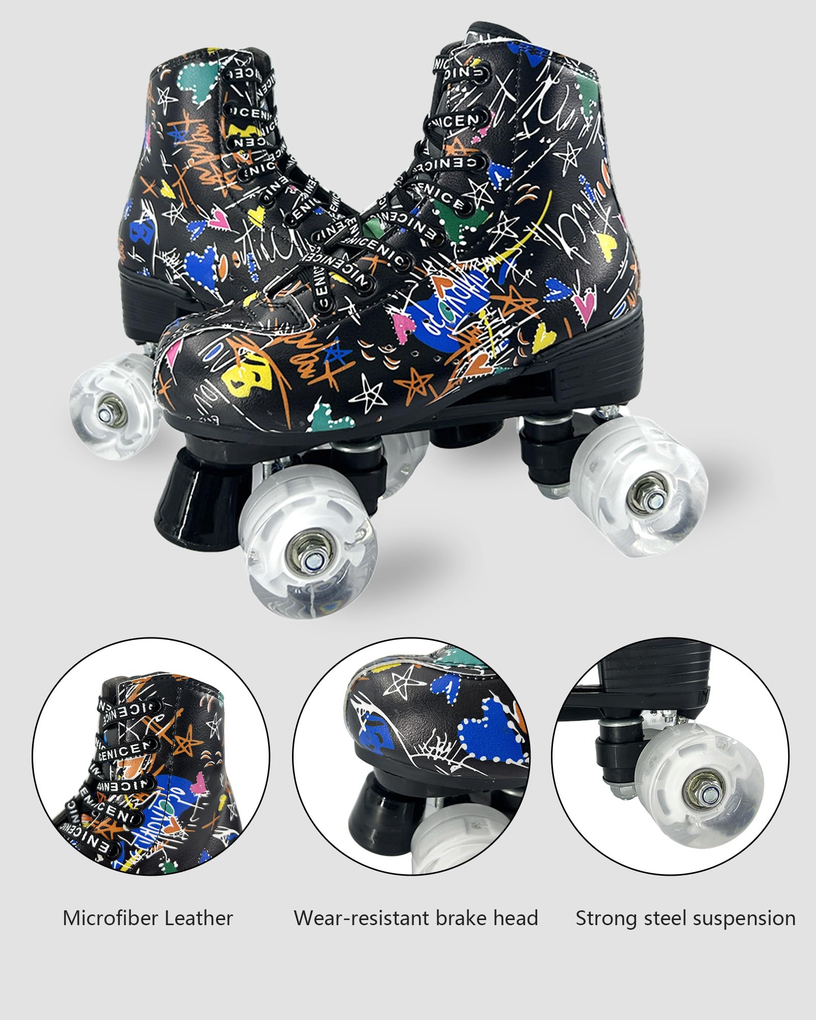 Roller Skates for Men and Women, Black Derby Roller Skates with 4 Shiny Wheel, Classic Double-Row Roller Skates for Indoor and Outdoor
