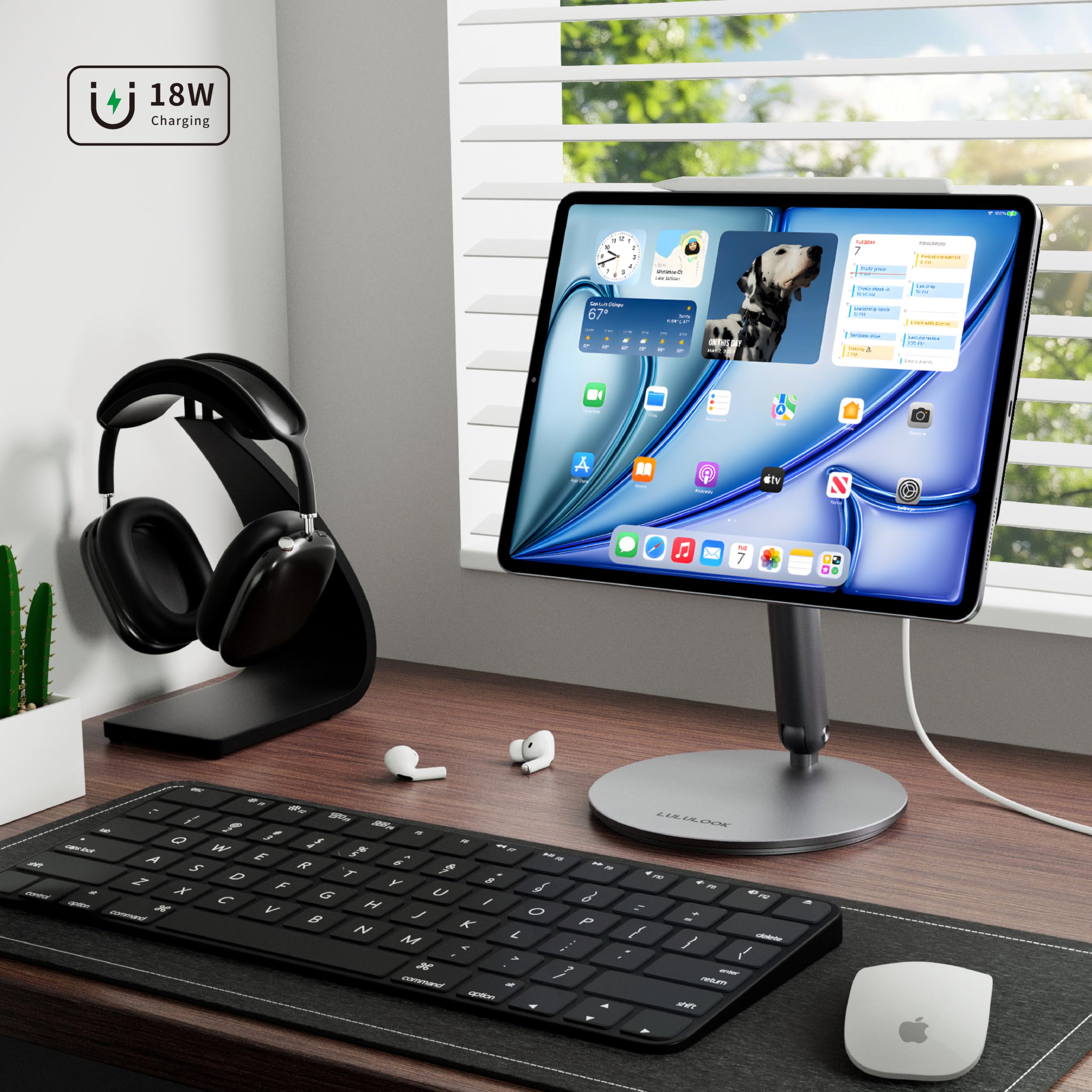 LULULOOK [Upgrade Magnetic Wireless Charging Stand for iPad Air 11" M4 (2026)/M3/M2, Foldable Aluminum Alloy iPad Pro Desk Stand with 360° Rotating Base for Pro 11" 1st/2nd/3rd/4th, Air 10.9 4th/5th