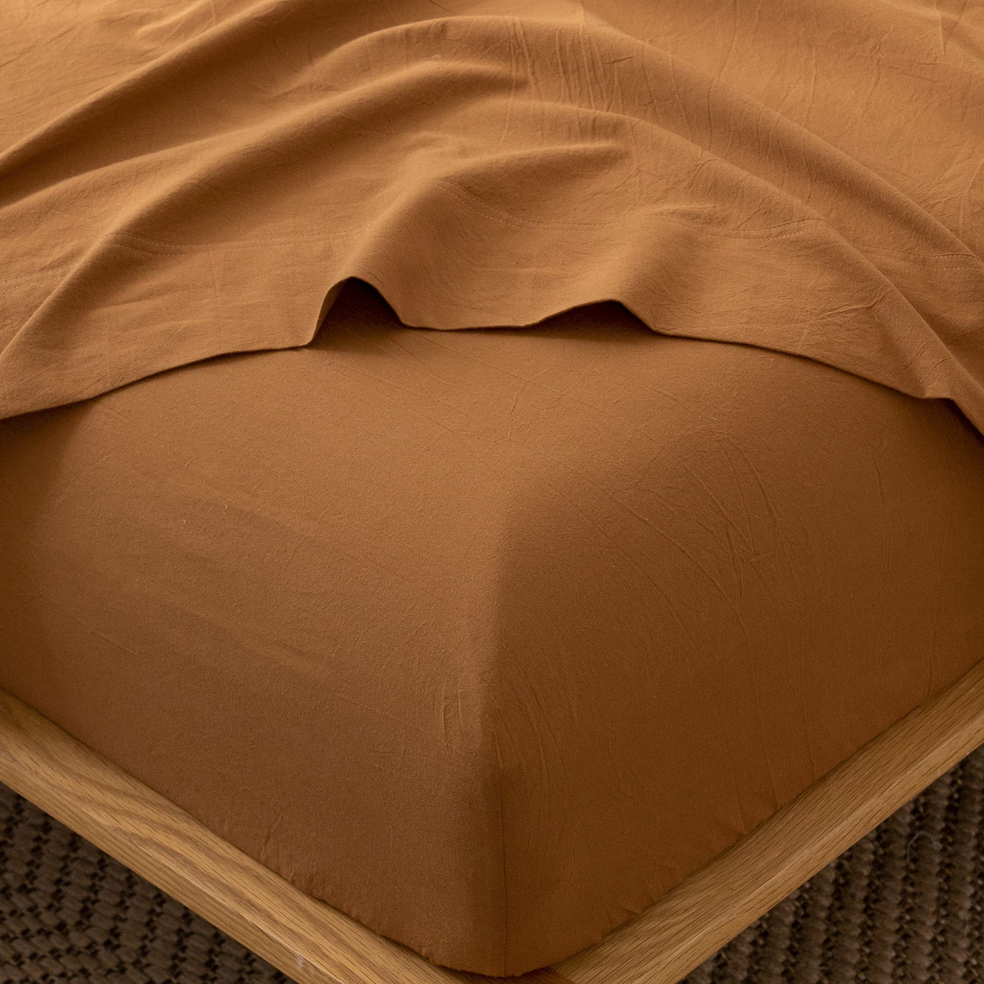 MooMee Fitted Bottom Sheet Only 100% Washed Cotton Linen Like Textured Breathable Durable Soft Comfy Deep Pocket Fits Mattress up to 17" (Almond Milk Grey, Twin)