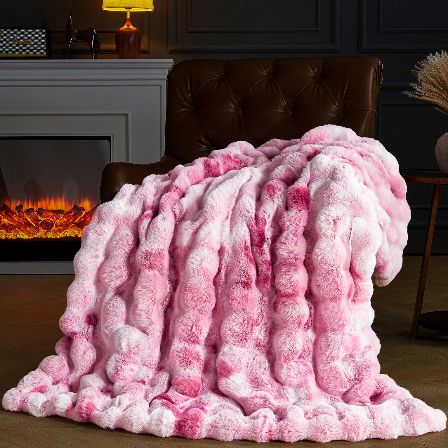 Faux Fur Throw Blanket for Couch, Fluffy Fuzzy Plush Bubble Blanket, Soft Warm Cozy Shaggy Rabbit Blanket, Luxury Decorative Gifts for Sofa Bedroom Living Room, 60x50inch (Beige)