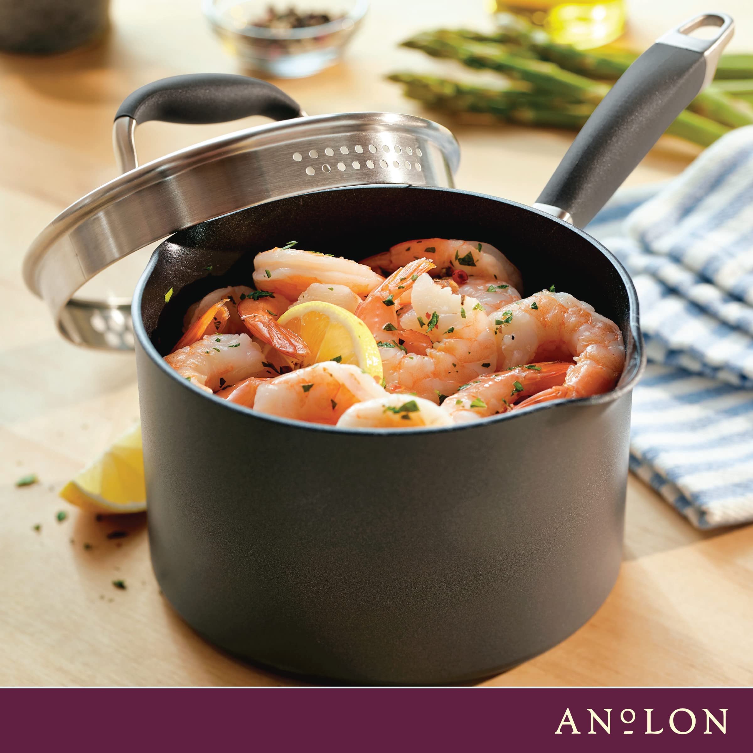 Anolon Advanced Home Hard Anodized Nonstick Sauce Pan/Saucepan with Straining and Lid, 2 Quart (2 Qt Straining Saucepan, Indigo)