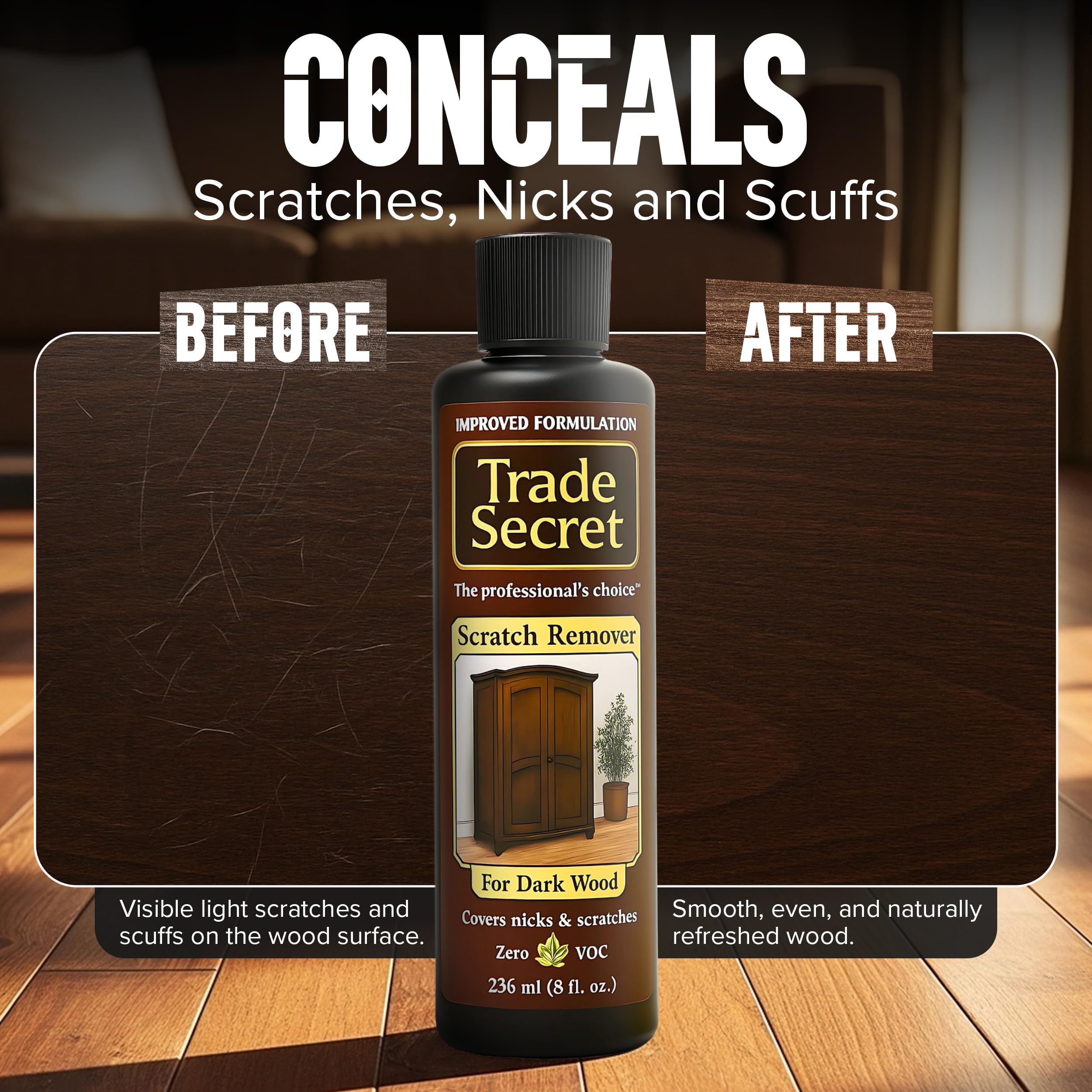 Trade Secret Scratch Concealer for Dark Wood Furniture & Floors – Dark Brown Shade Stain Covers Nicks, Scuffs, Dog & Cat Scratches, Minor Defects – Real Wood Only