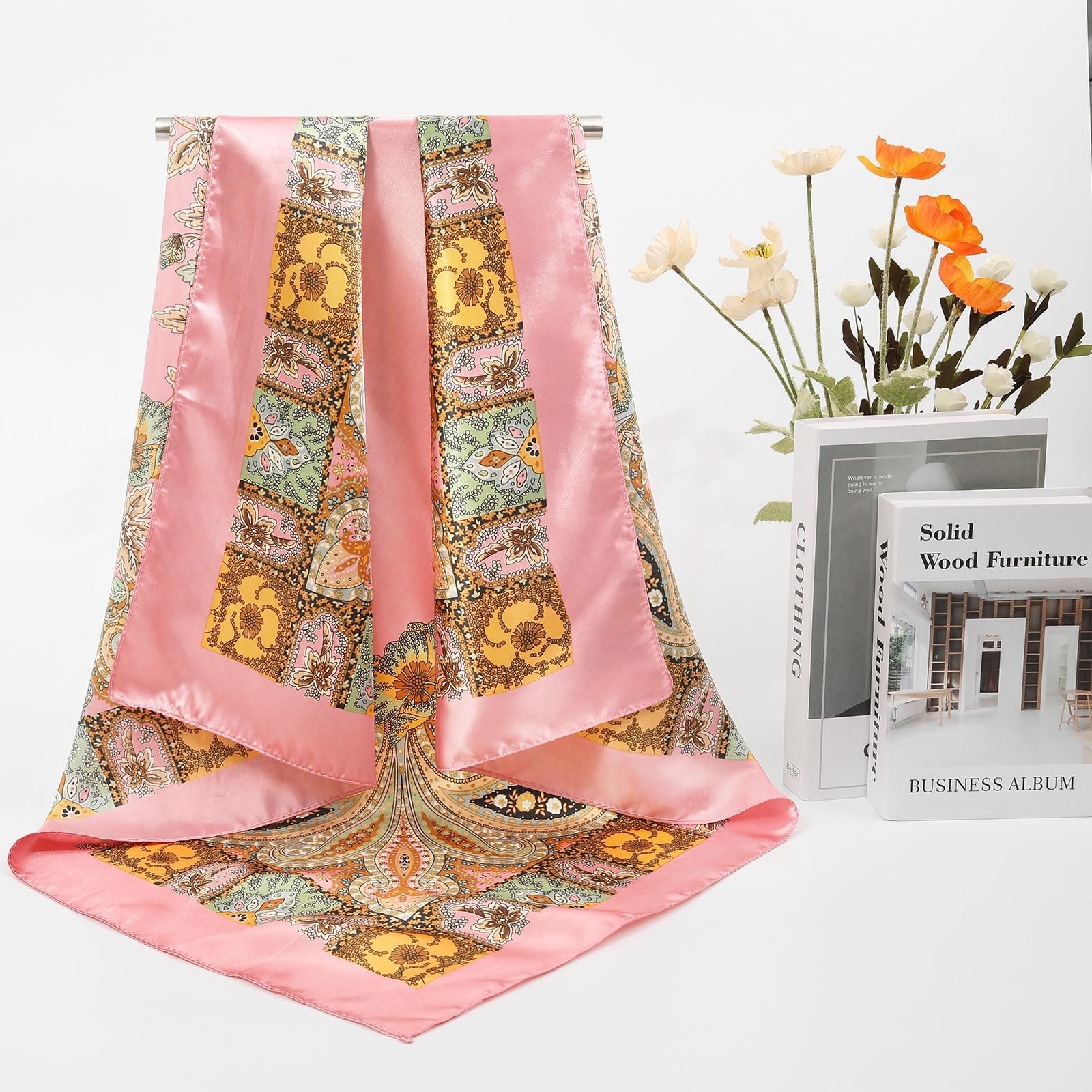 AWAYTR 35” Large Satin Square Head Scarf - 2Pcs Silk Like Floral Head Scarves Square Satin Hair Scarf Bandanas for Women