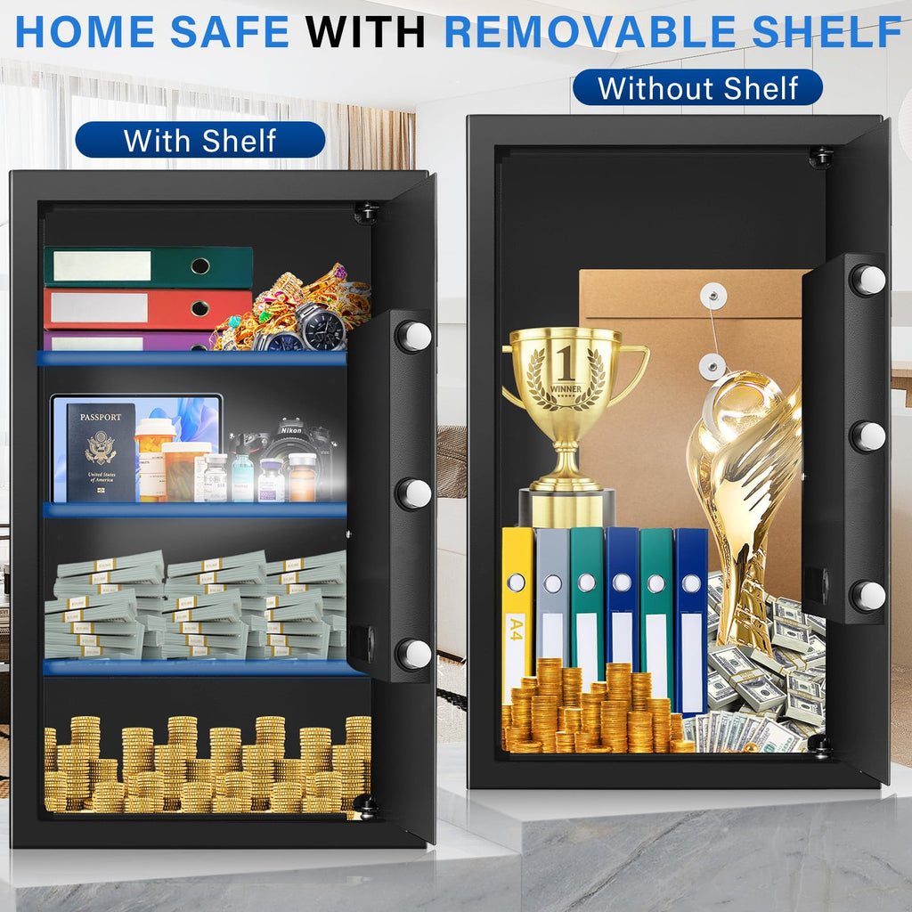 Home Safe Box, Safes with Fireproof Waterproof Bag, 9.84'' H Anti-Theft Digital Security Lock Box with Smart Alert System, Removable Shelf, Mute Function, Document Safes for Jewelry