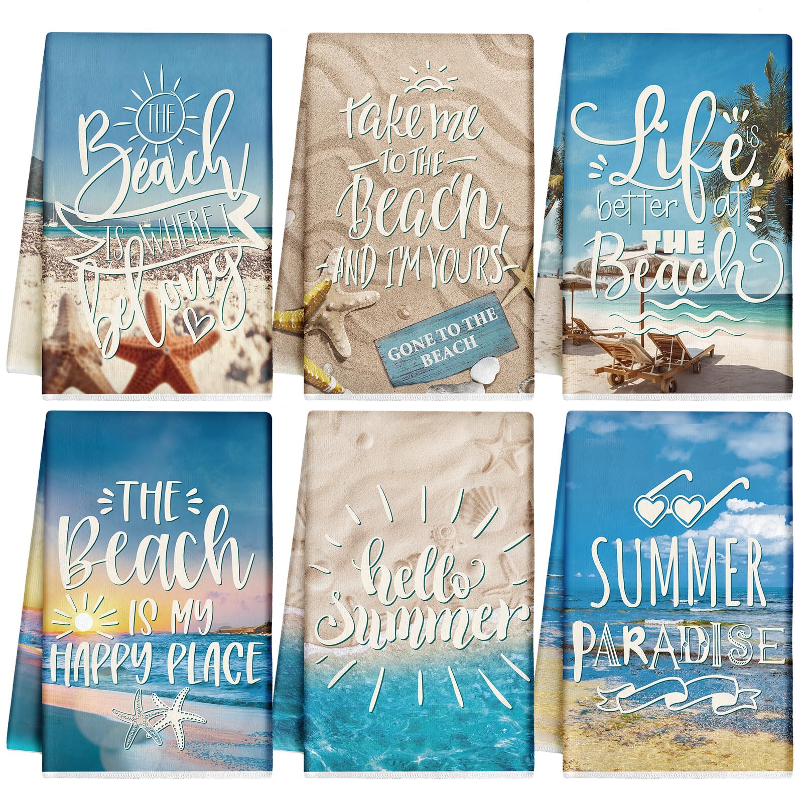 Breling Set of 6 Summer Beach Kitchen Towels Coastal Dish Towel Bathroom Decorative Sea Palm Trees Cloths for Kitchen Bathroom Home Cooking Housewarming Gifts, 14 x 21 Inch