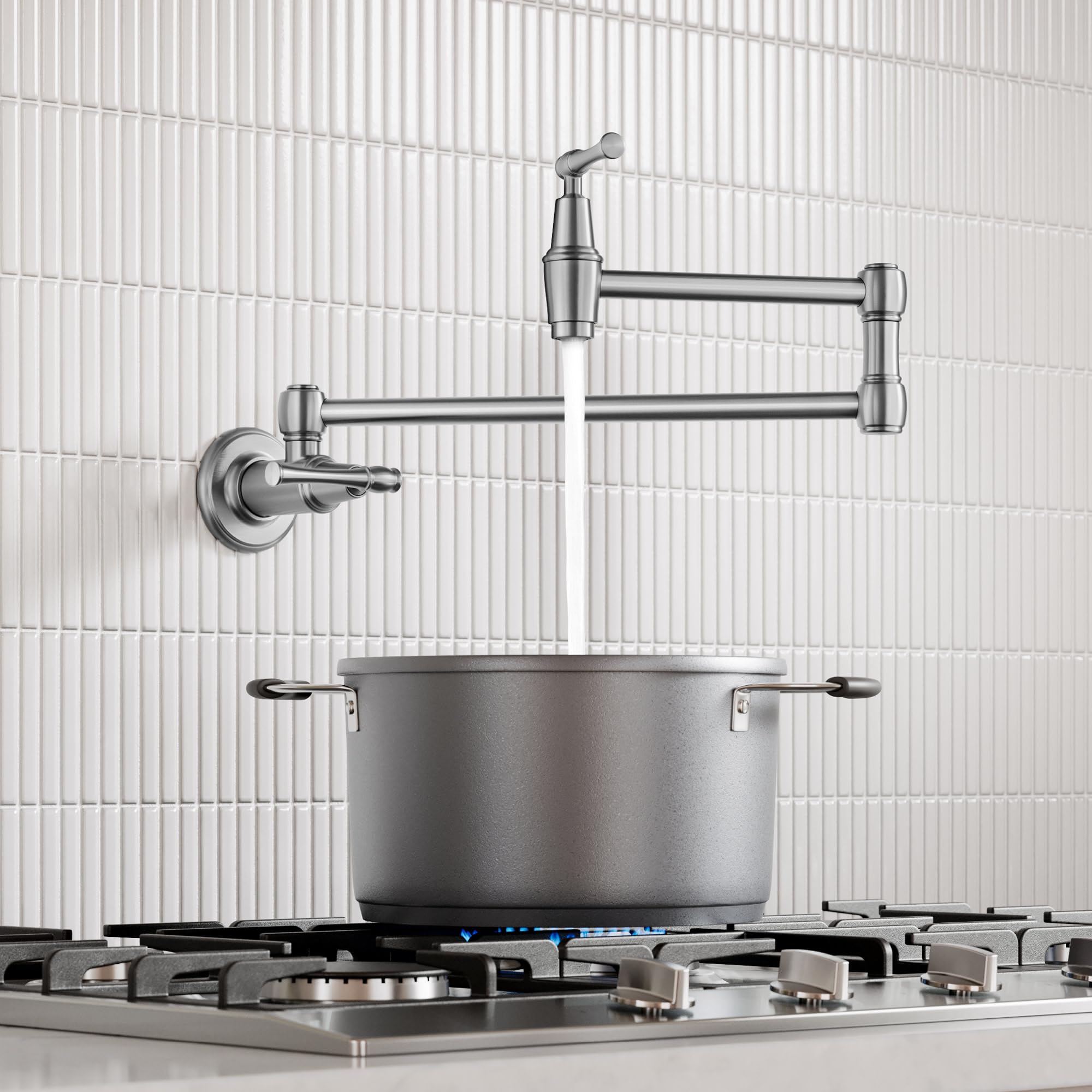 KRAUS Allyn Transitional Bridge Kitchen Faucet with Pull-Down Sprayhead in Brushed Gold, KPF-3121BG