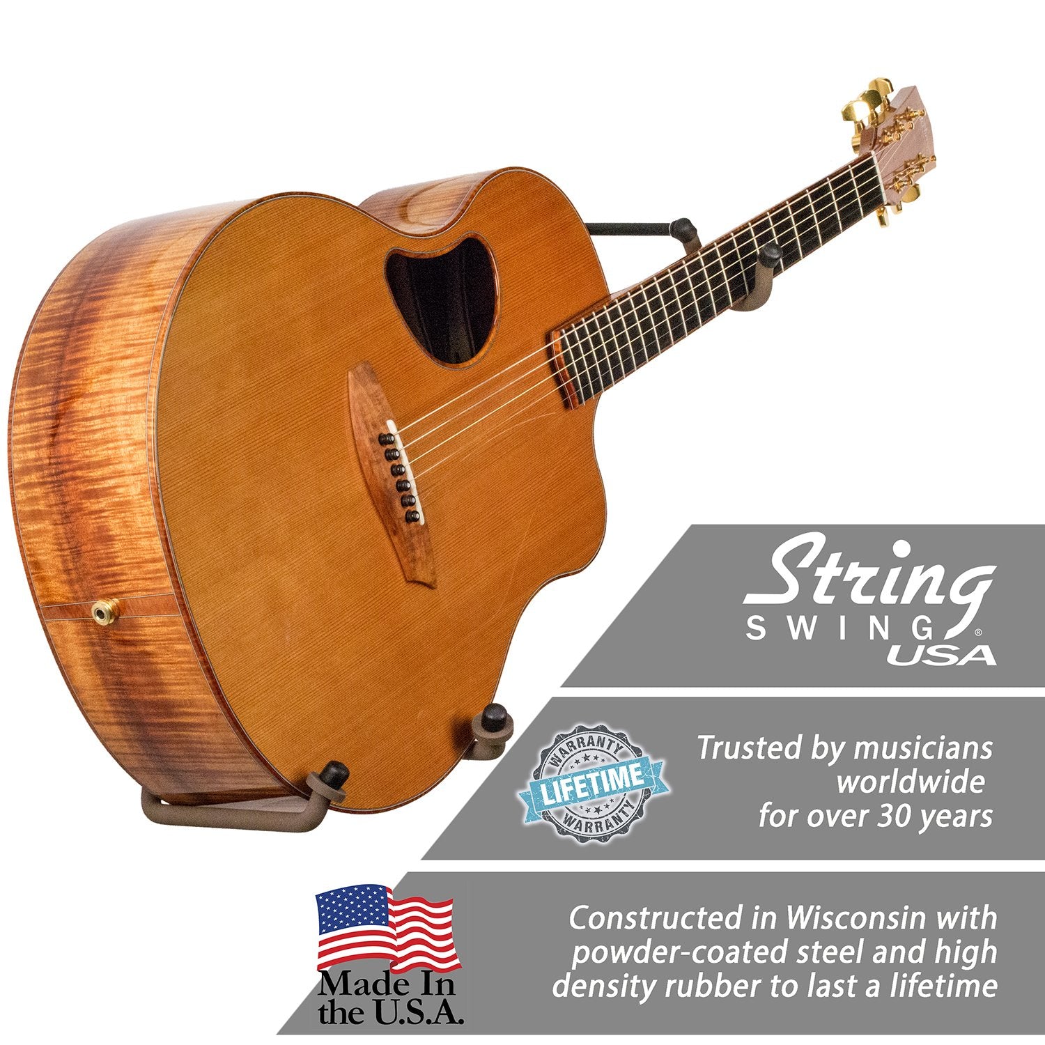 String Swing Guitar Holder Low-Profile Wide-Body for Horizontal Flat Wall Mount - 1 Piece Unit CC151-LPW-FW