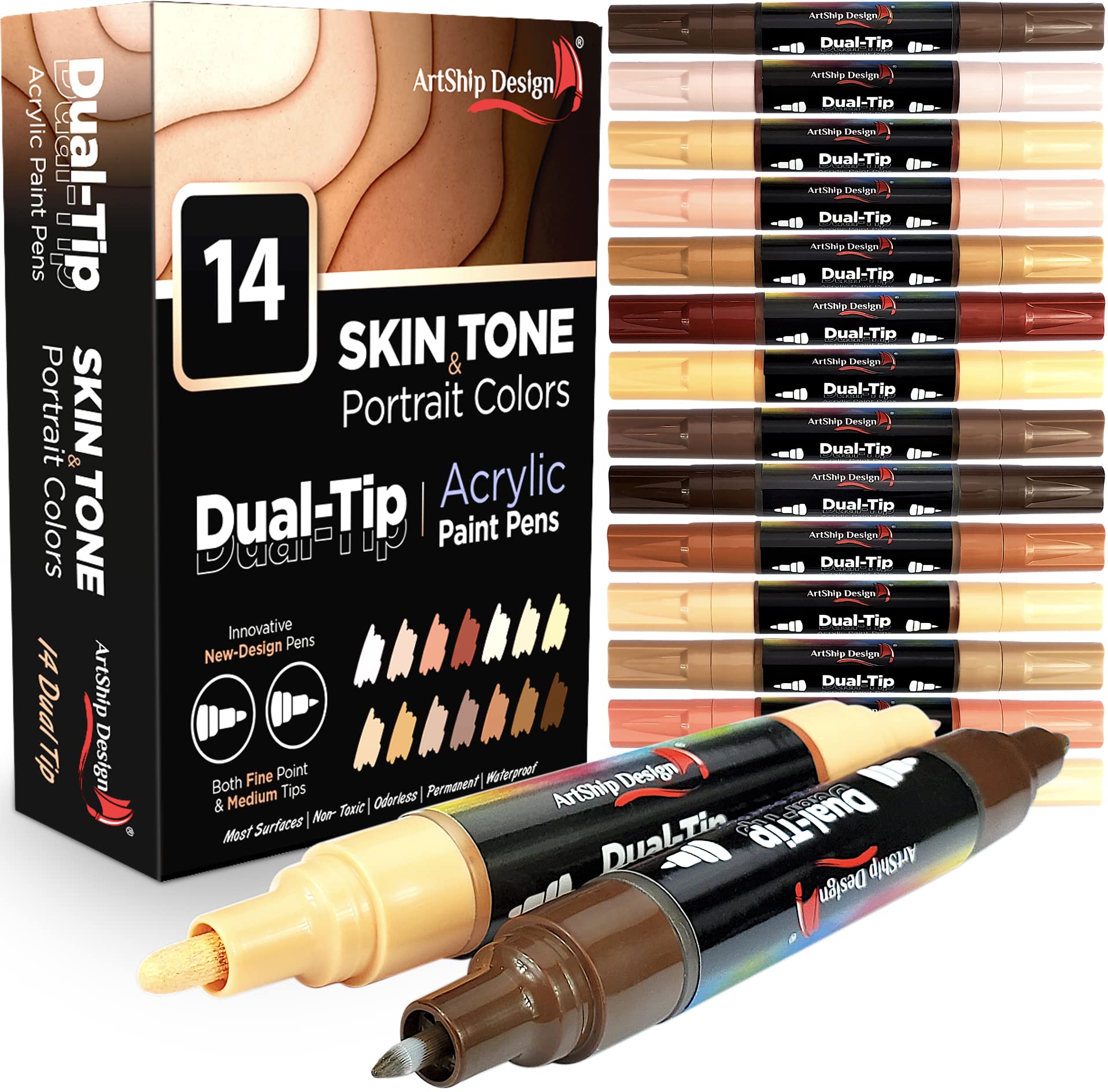 ArtShip Design 10 Black Acrylic Paint Pens, Double Pack of Both Extra Fine and Medium Tip Paint Markers, for Rock Painting, Mug, Ceramic, Glass, and Fabric Painting, Water Based Non-Toxic and No Odor