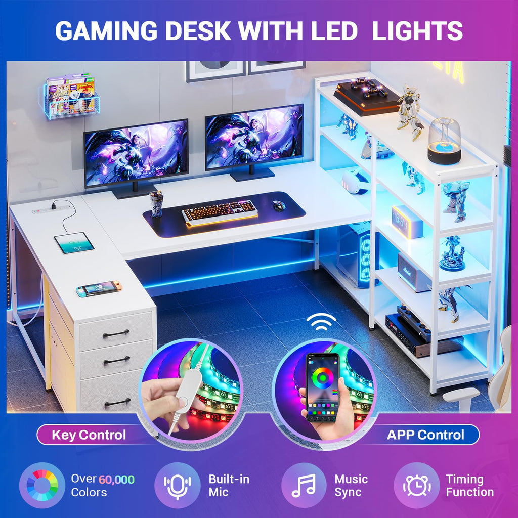 SEDETA L Shaped Gaming Desk, Reversible U Shaped Computer Desk with Power Outlet and Storage Shelves, Corner Gaming Desk with LED Lights, 3 Fabric Drawers, Black