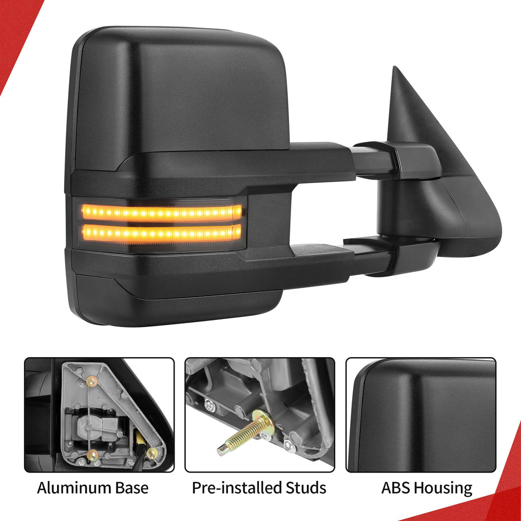 YITAMOTOR Towing Mirrors Compatible with 07-13 Silverado 1500 2500 3500 Tahoe Suburban Avalanche GMC Sierra Yukon Cadillac LED Turn Signal Light Power Heated Manual Telescoping Folding