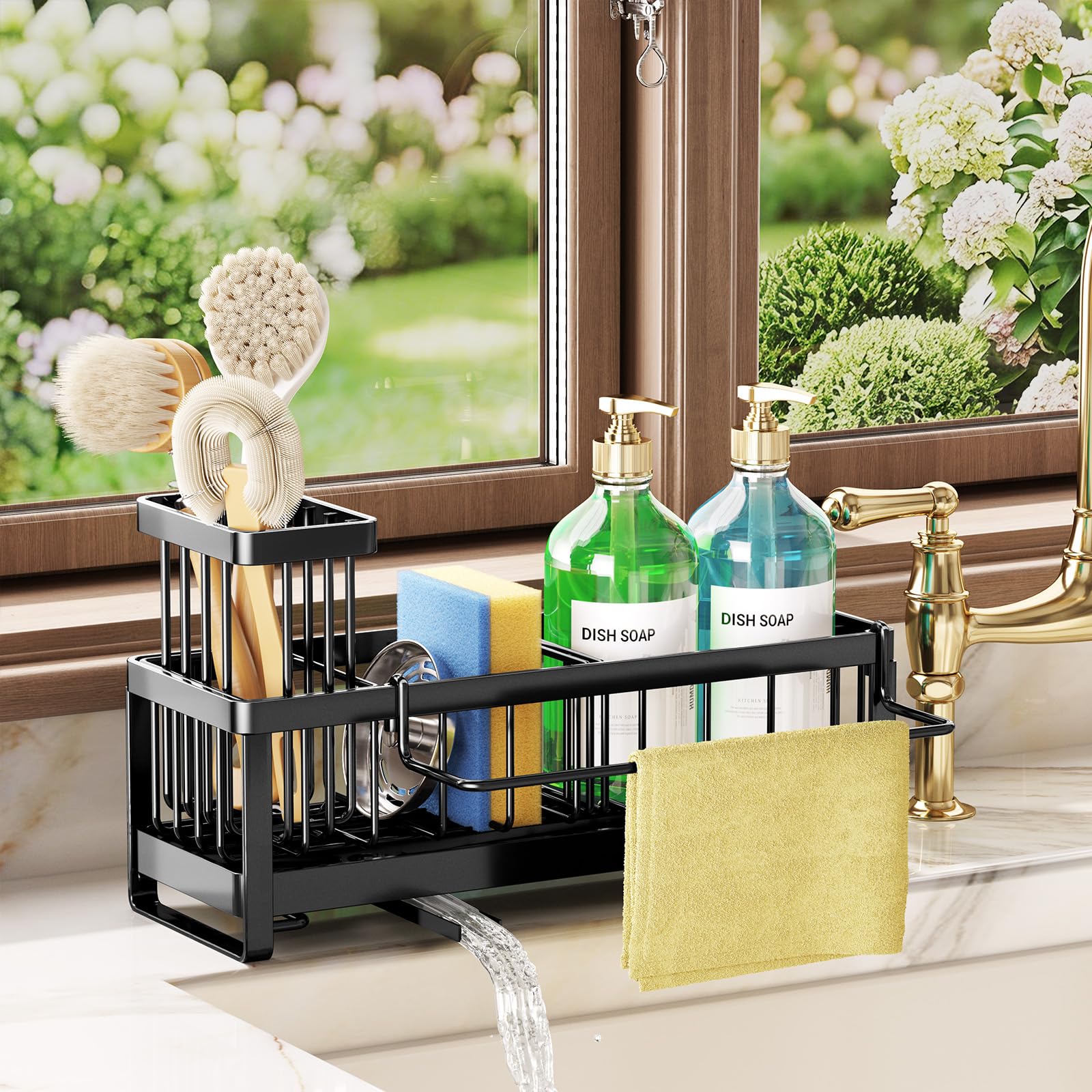 SWTYMIKI Sponge Holder for Kitchen Sink - Sink Caddy with Brush Holder Self-draining Sponge Caddy Organizer with Divider Stainless Steel Kitchen Accessories Storage for Countertop, Black