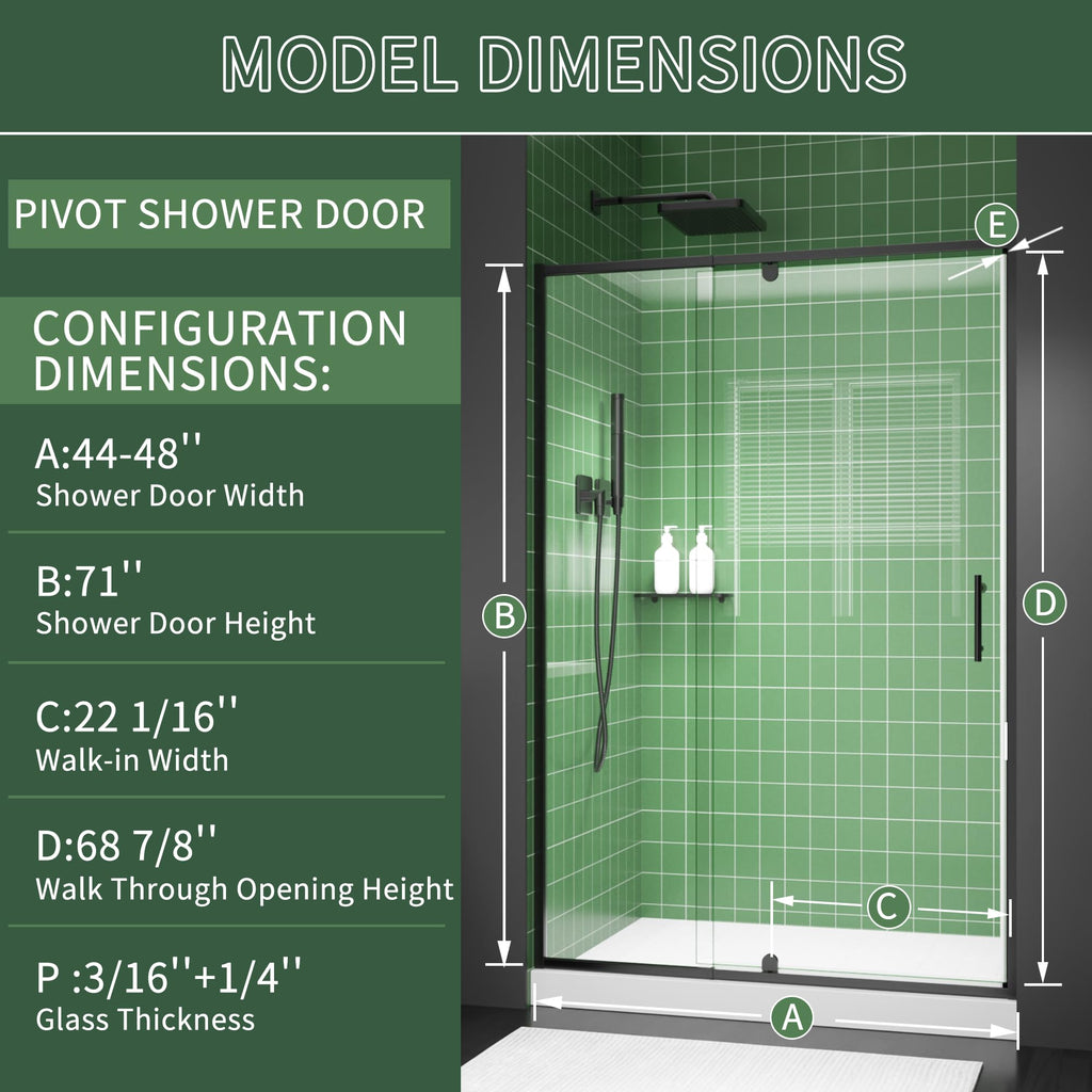 38–42 Inch W x 71 Inch H Semi-Frameless Pivot Shower Door, Swing Glass Shower Door with 1/4" (6mm) Clear SGCC Tempered Glass, Matte Black Finish, Reversible Installation for Bathroom