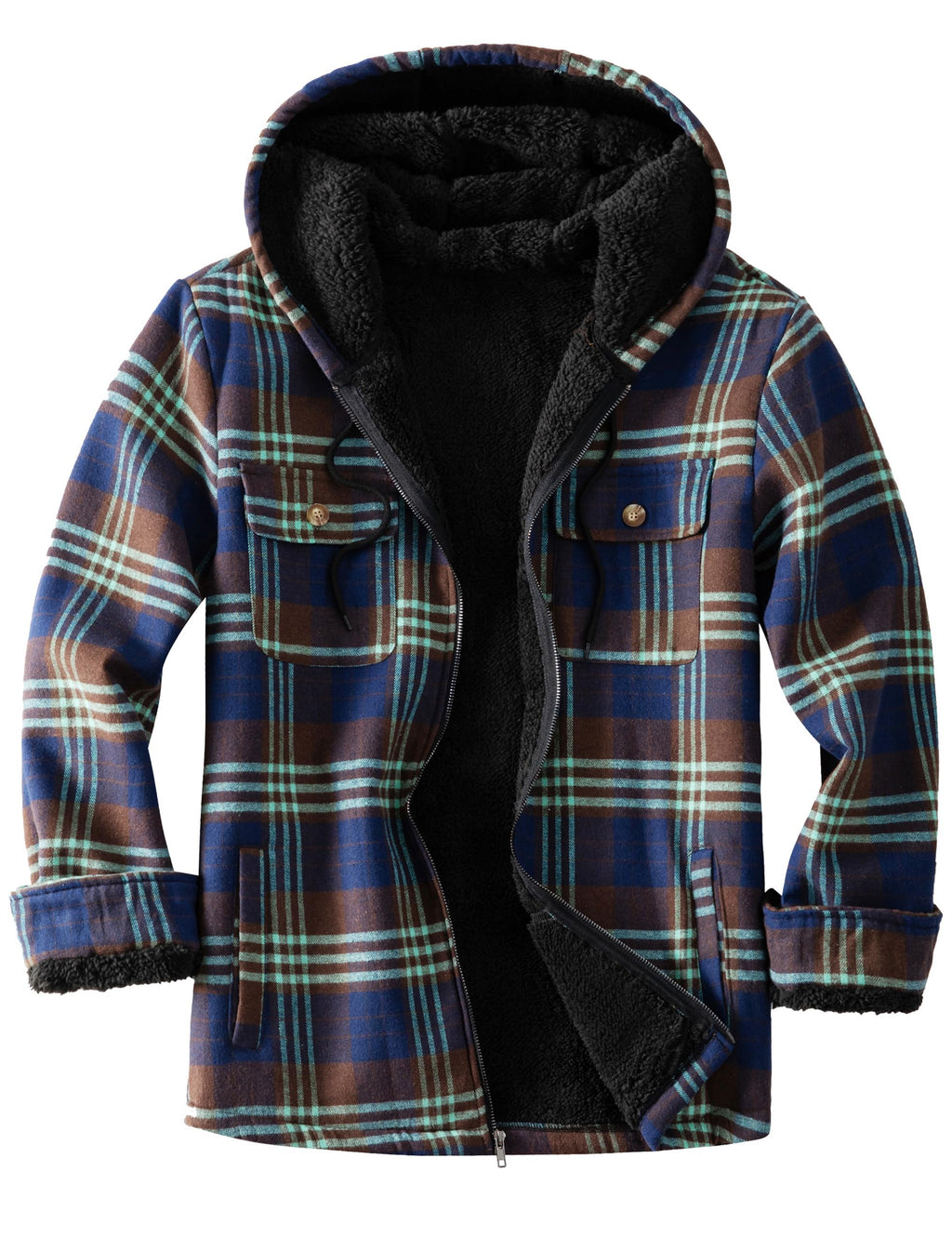 Men's Flannel Plaid Hooded Jackets Full Zip Sherpa Fleece Lined Hoodies Fashion Warm Coat