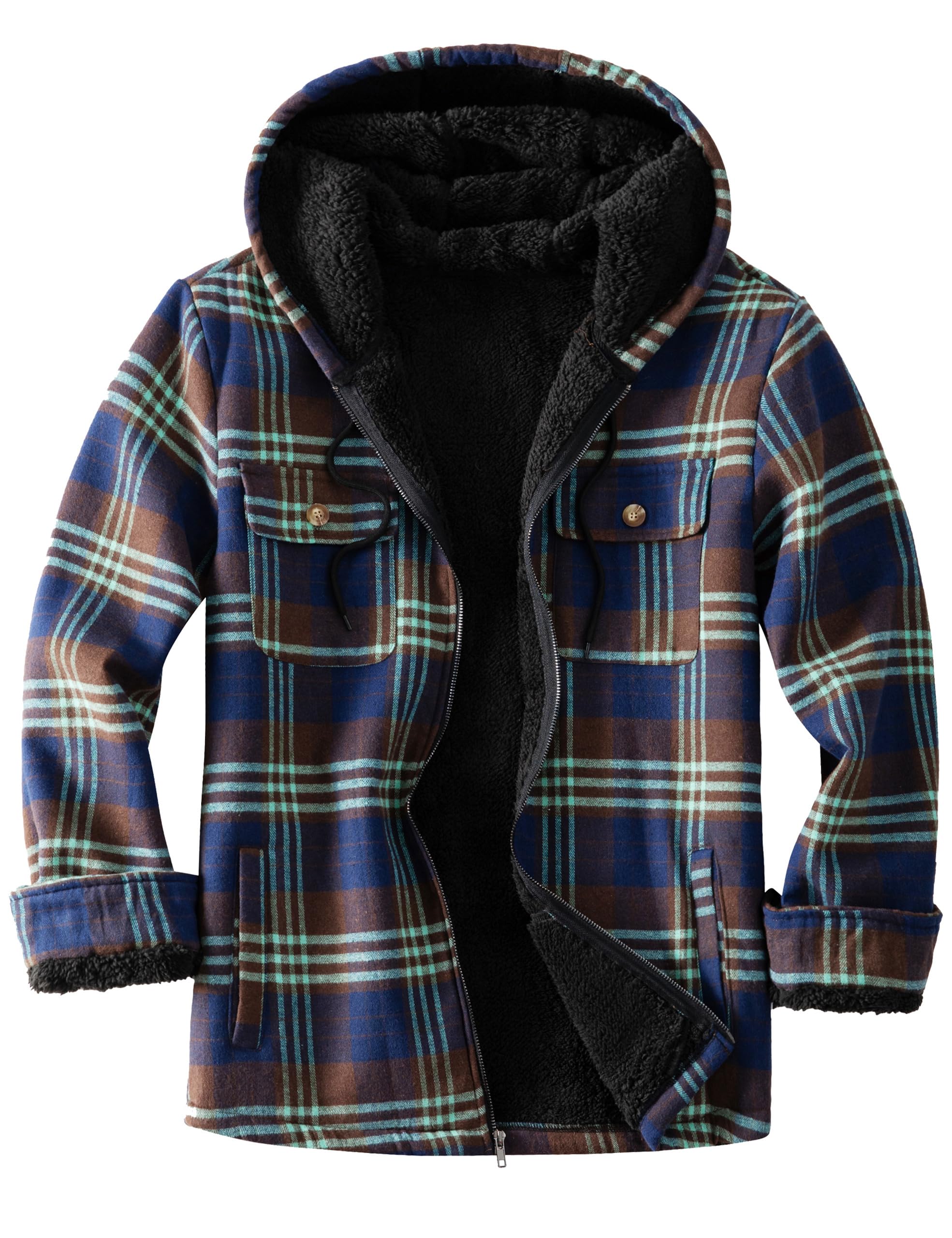 Men's Flannel Plaid Hooded Jackets Full Zip Sherpa Fleece Lined Hoodies Fashion Warm Coat