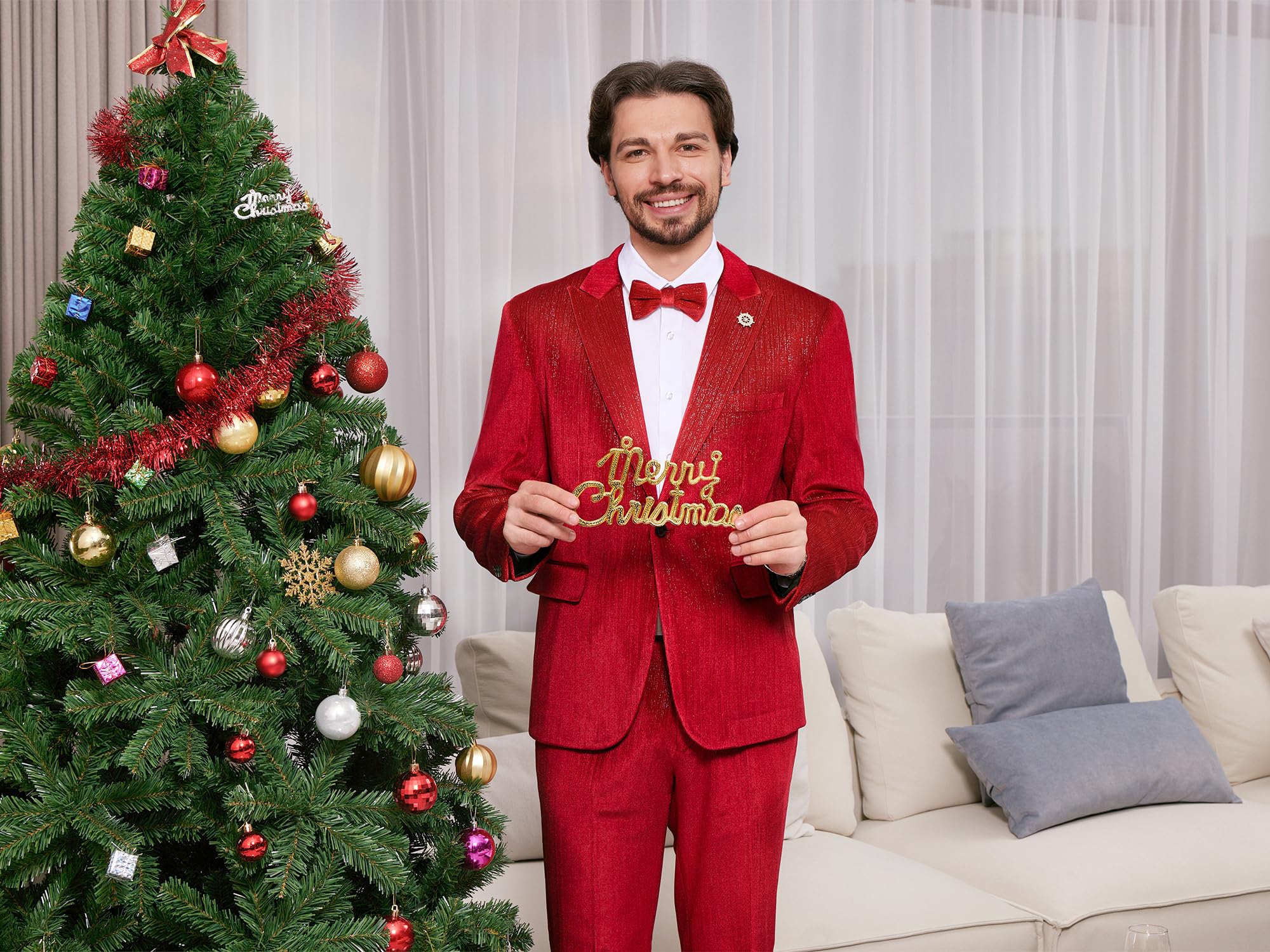 MAGE MALE Mens Suits Velvet Tuxedo Suit Set Slim Fit 2 Piece Luxurious Party Dinner Jacket Pants with Bow Tie