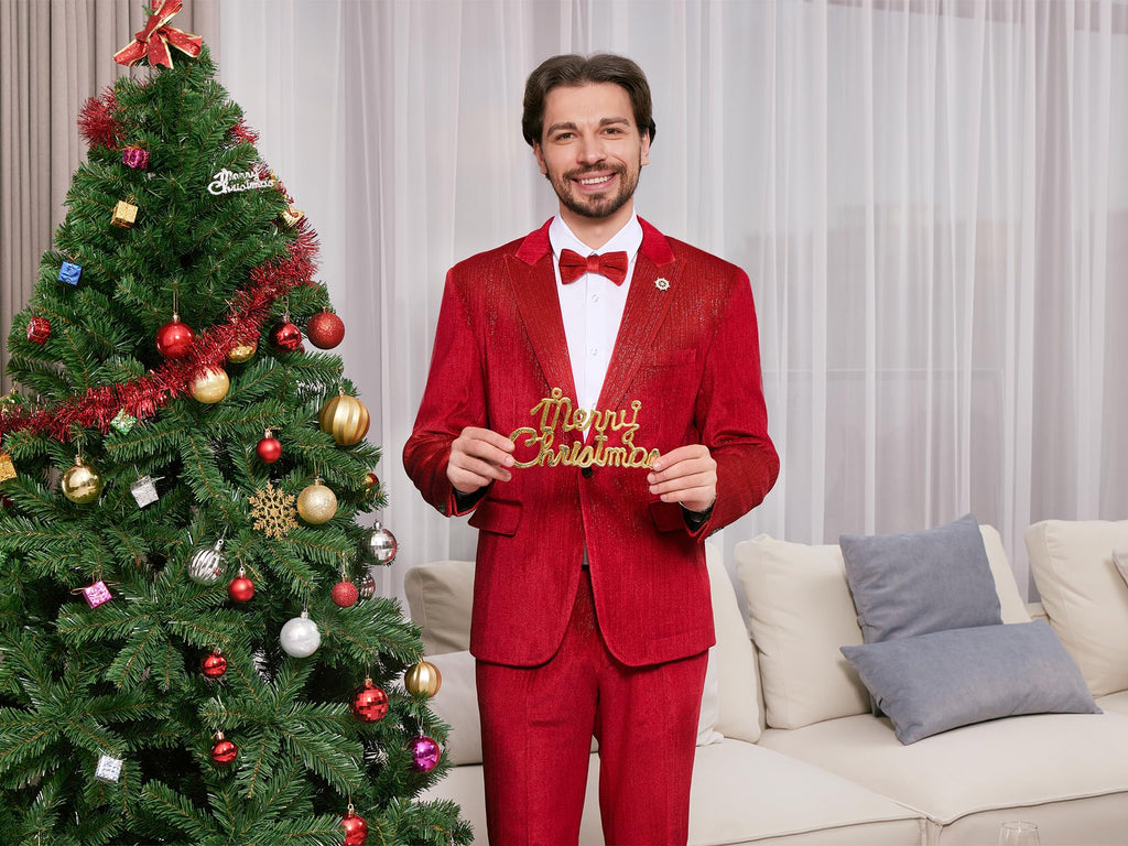 MAGE MALE Mens Suits Velvet Tuxedo Suit Set Slim Fit 2 Piece Luxurious Party Dinner Jacket Pants with Bow Tie