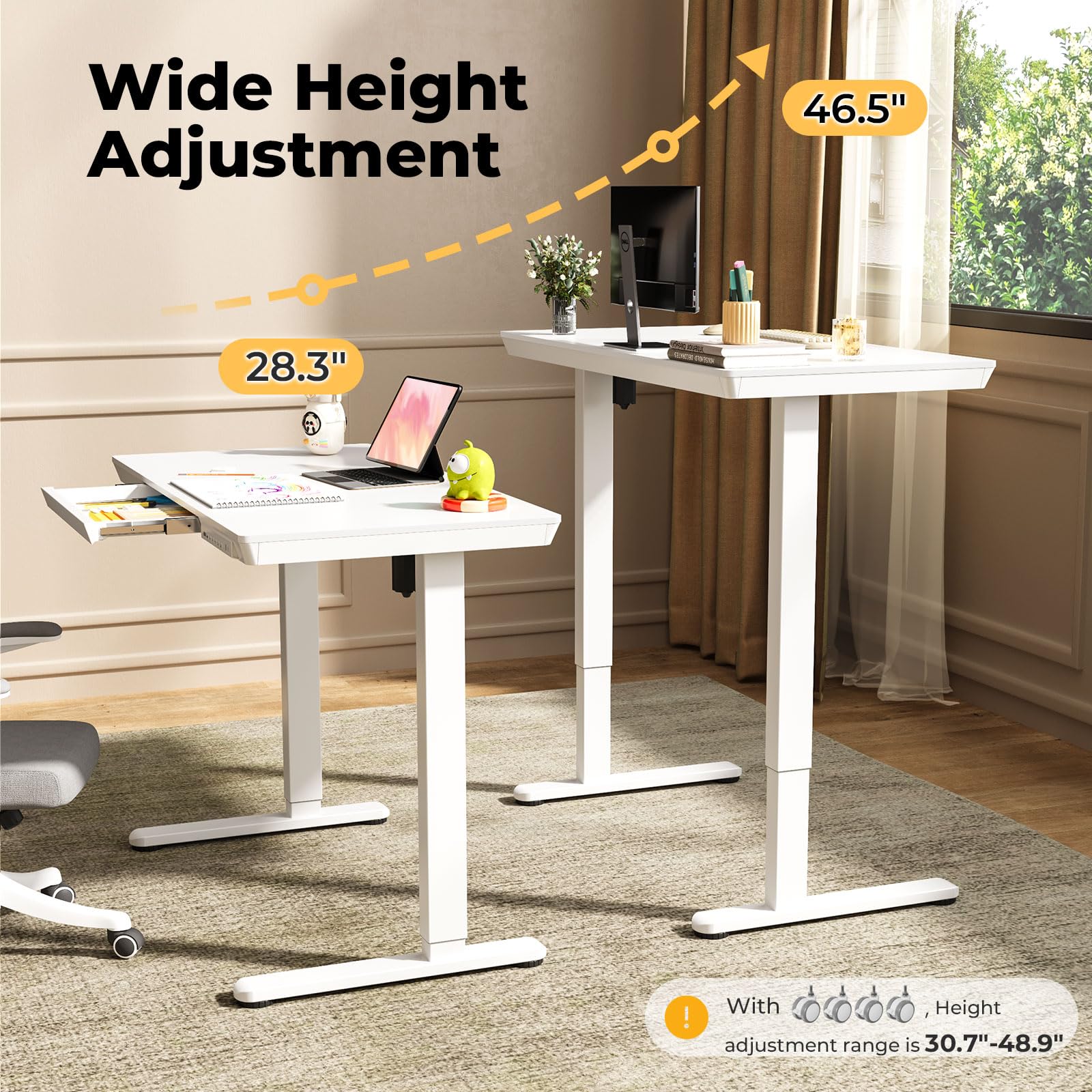Glass Electric Standing Desk with Drawer, 35" x 20" Whole Piece Tabletop Samll Sit Stand Table, Height Adjustable Workstation with Storage & USB Ports, Quick Install Home Office Desk