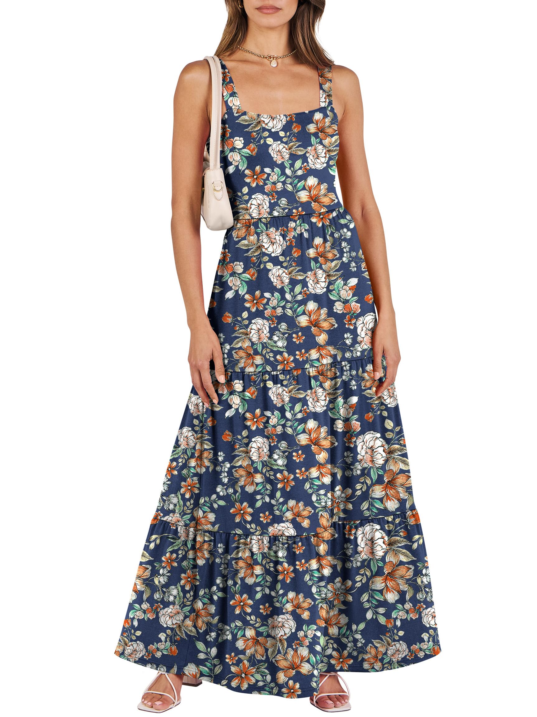 ANRABESS Women's Summer Casual Long Maxi Beach Vacation Dresses Sleeveless Square Neck Flowy Tiered Sun Dress with Pockets