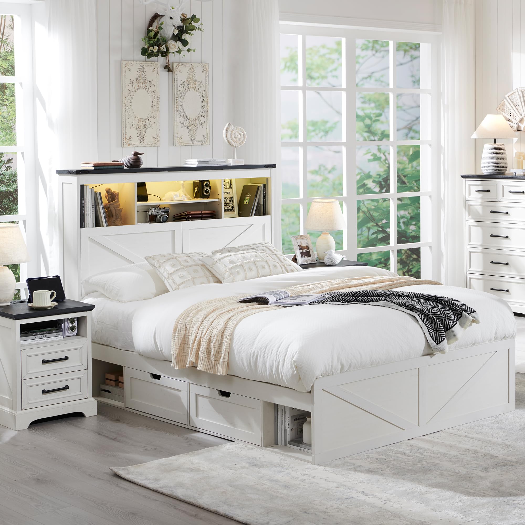 ACCOHOHO Farmhouse Queen Size Bed Frame with 52" Storage Bookcase Headboard and 4 Drawers,Wood Bed Frame with LED Light and Charging Station,Natural Oak