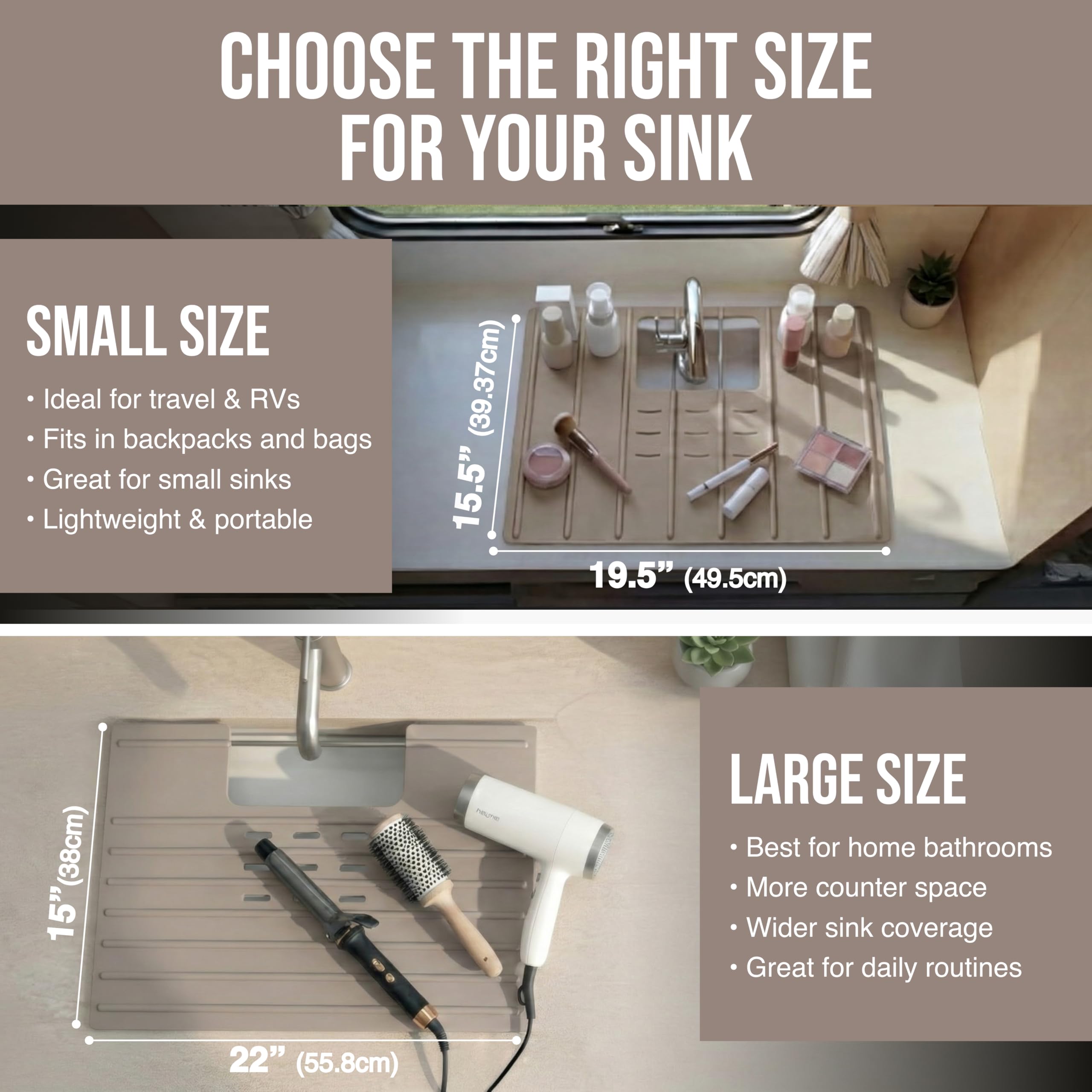 Maplefield Bathroom Sink Cover for Counter Space, Heat Resistant Silicone Sink Mat for Your Beauty Routine, Small Bathroom Space Saver Sink Cover for Makeup (Beige Large, 22" x 15" x 2" Inches)