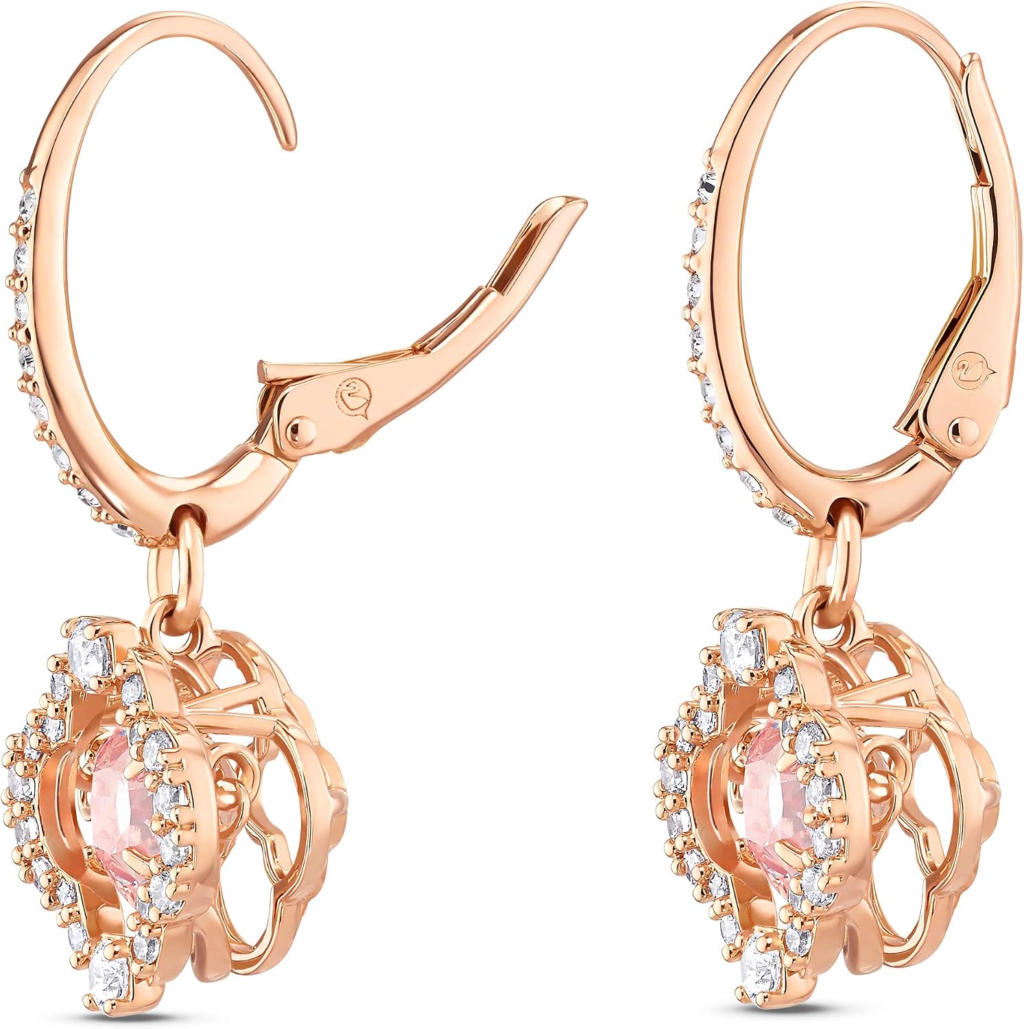 Swarovski Una Pierced Earrings with Clear Crystal Pavé Surrounding a Pink Stone on a Rose-Gold Tone Finished Setting