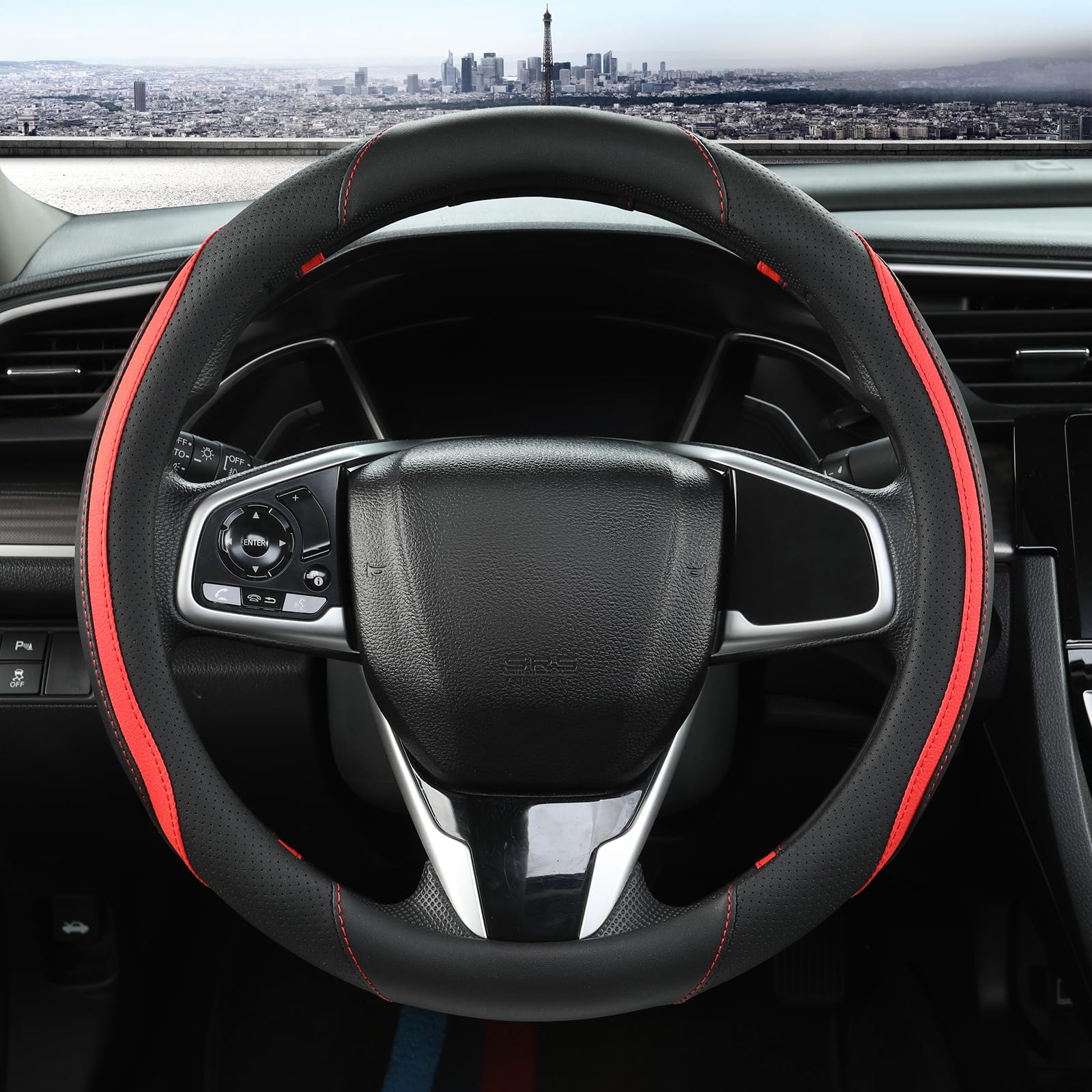 Car Steering Wheel Cover, Leather Steering Wheel Cover Beige Universal 14.5-15 Inch Microfiber Leather Anti-Slip Breathable Auto Steering Wheel Covers for Men Women (Black&Beige)