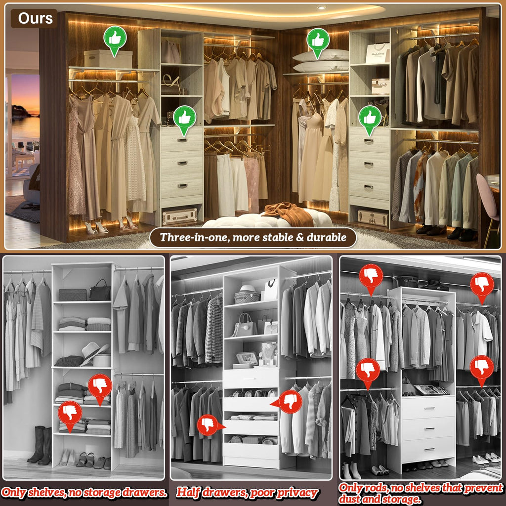 iSunirm 8FT Closet System, 96'' Closet Organizer System with 3 Hanging Rods, Wall Mount Bedroom Wardrobe with 3 Drawers Walk-in Closet, Adjustable Cloth Garment Rack from 5 to 8FT (Cut to Fit), Black
