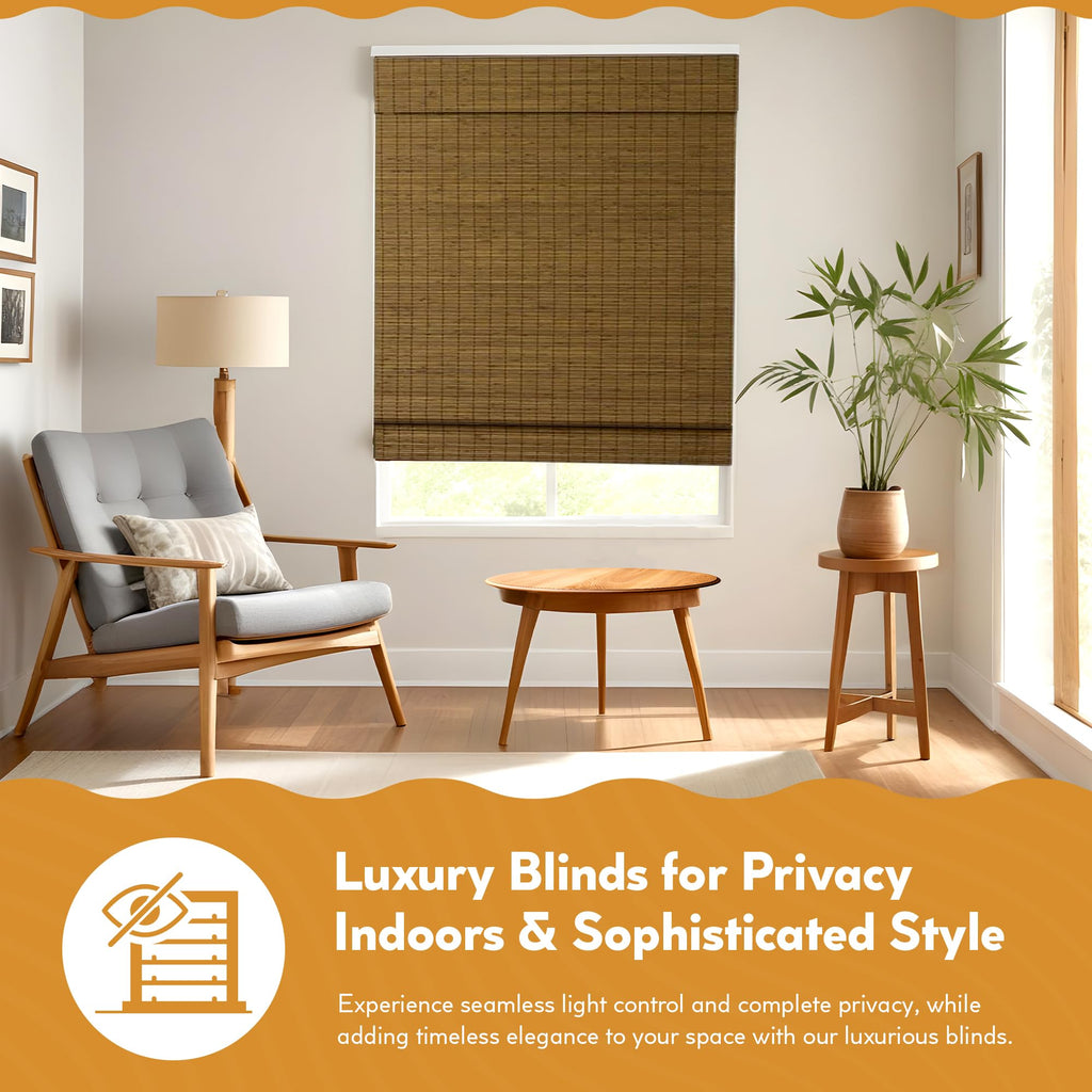Radiance Cordless Bamboo Roman Shades for Windows - Flatstick Bamboo Blinds for Semi-Private Light Control - Easy to Lift & Fold Up Window Shades - Cocoa - 23 in. W x 64 in. L - (2216300E)