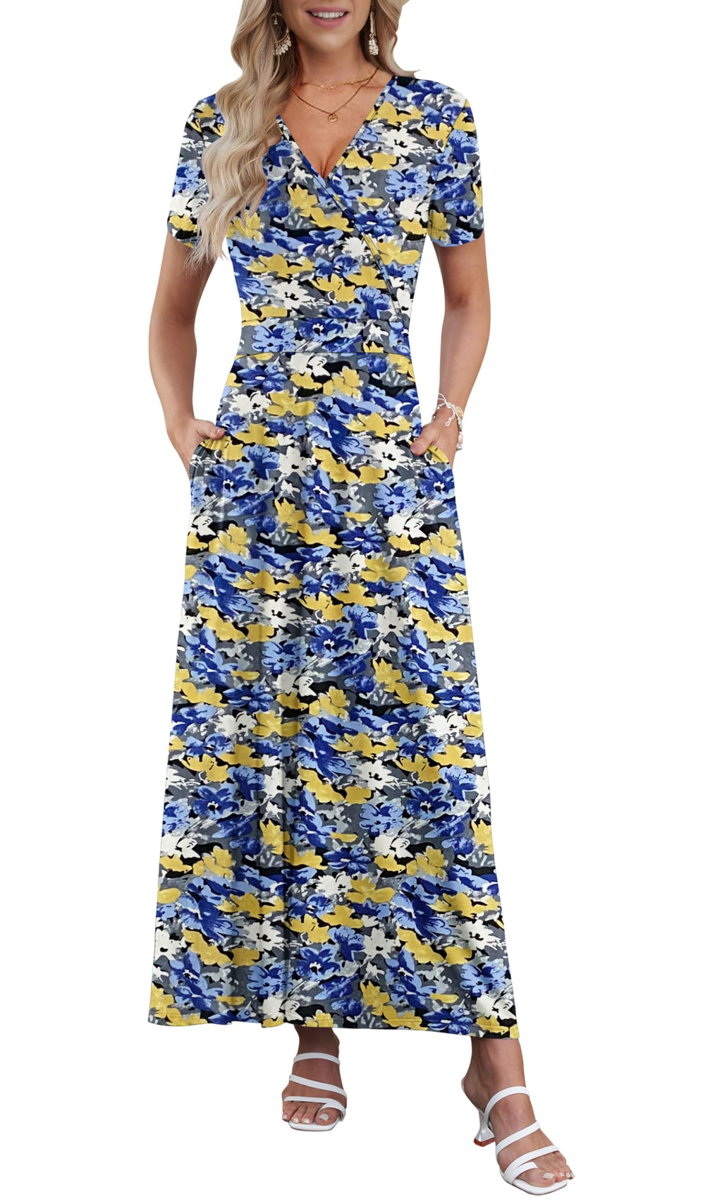 AUSELILY Maxi Dresses for Women Ankle Length Floral Print Beach Long Flowy Dress with Pockets
