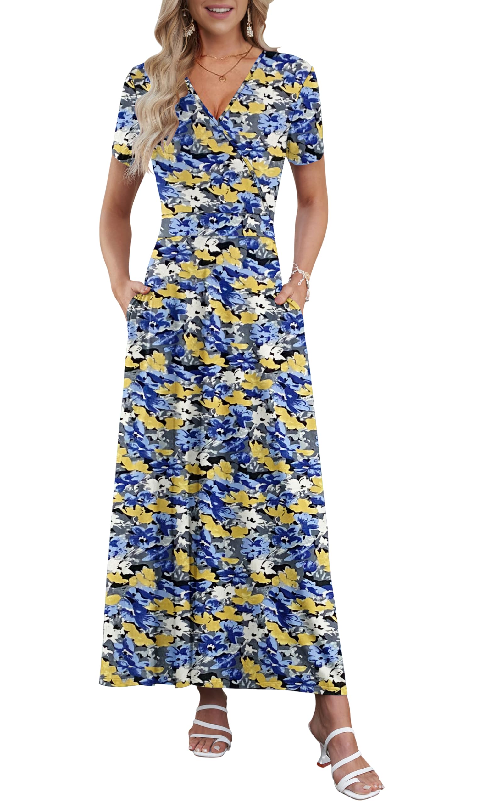 AUSELILY Maxi Dresses for Women Ankle Length Floral Print Beach Long Flowy Dress with Pockets