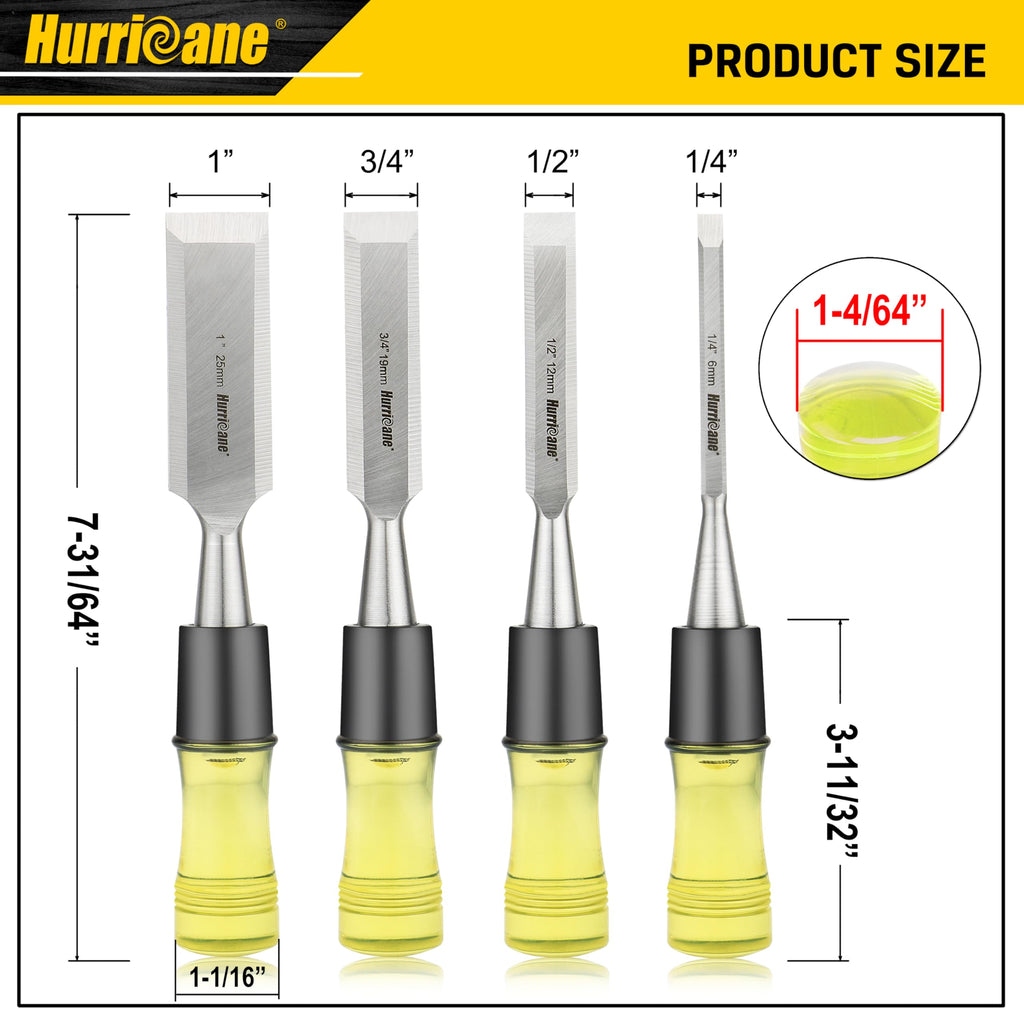 HURRICANE 4 Piece Wood Chisel Set for Woodworking. CR-V Steel Beveled Edge Blades with Safety Caps. Extra Large Grip, Impact-Resistant PVC Handle Chisels (1/4", 1/2", 3/4", 1")