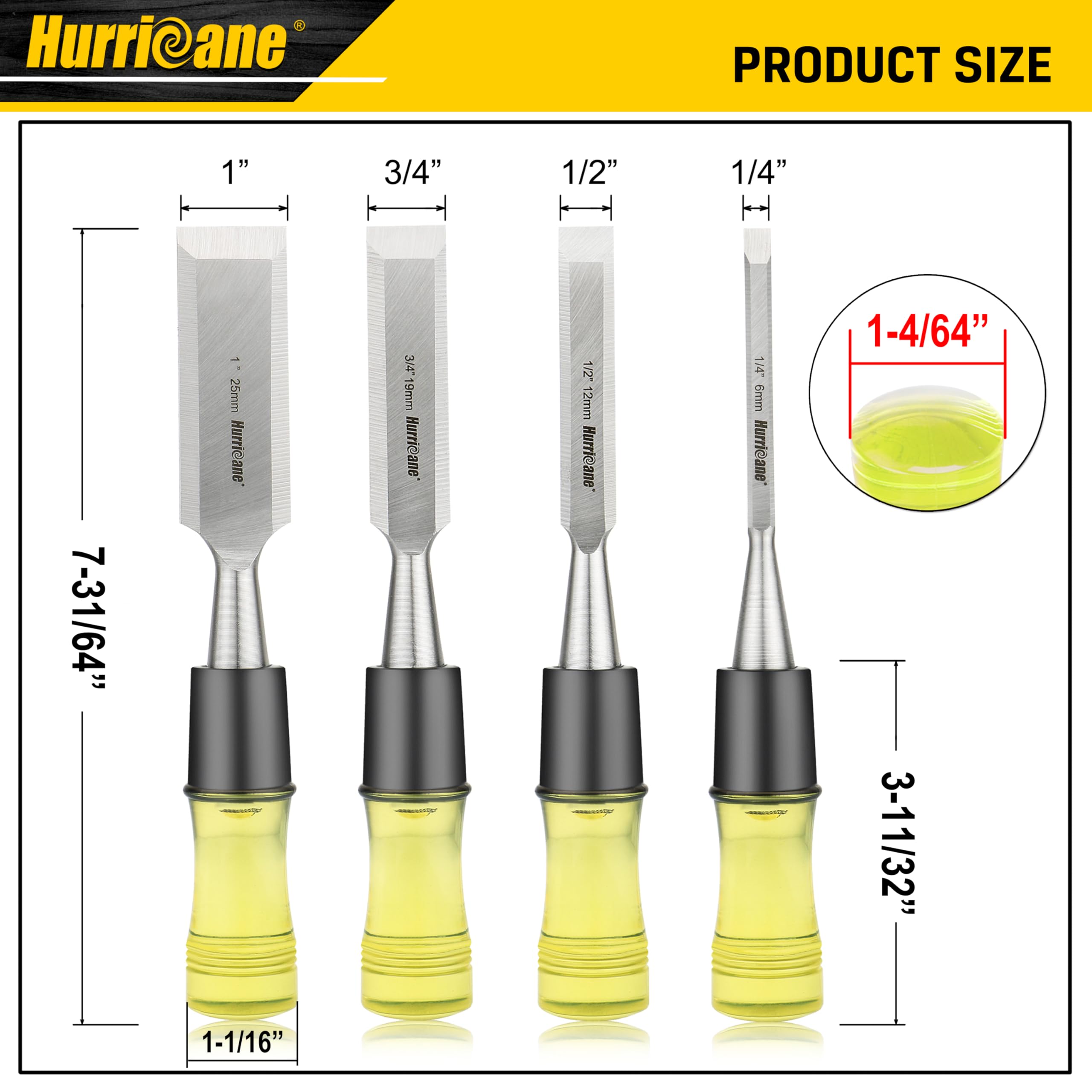 HURRICANE 4 Piece Wood Chisel Set for Woodworking. CR-V Steel Beveled Edge Blades with Safety Caps. Extra Large Grip, Impact-Resistant PVC Handle Chisels (1/4", 1/2", 3/4", 1")