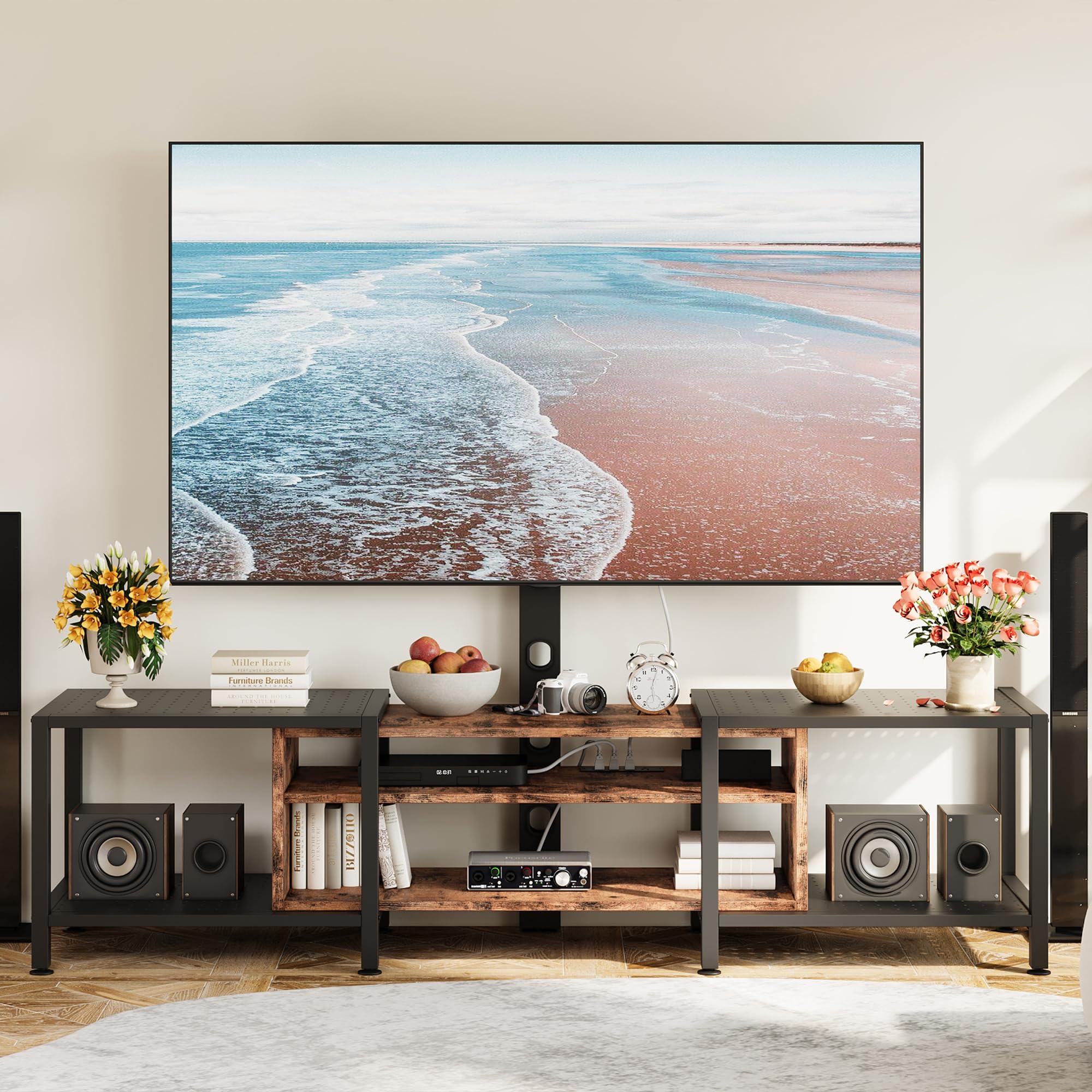 IRONCK 79 Inch TV Stand for TVs up to 85 Inch with Mount and Power Outlet, 3 Tiers TV Console with Storage Shelves, Entertainment Center, Steel Frame, for Living Room, Bedroom, Black