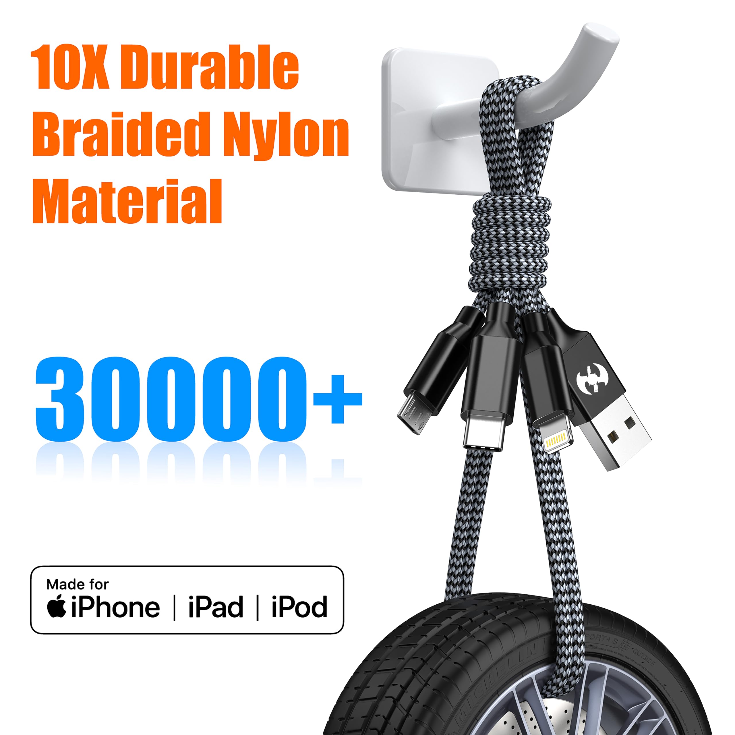 Multi Charging Cable 4ft 2Pack USB Charger 3 in 1, Multi iPhone Charger Cable Nylon Braided Apple MFi Certified USB Fast Charging Cord with Type-C/USB C Micro Lightning for Phone iPad iPhone Tablet
