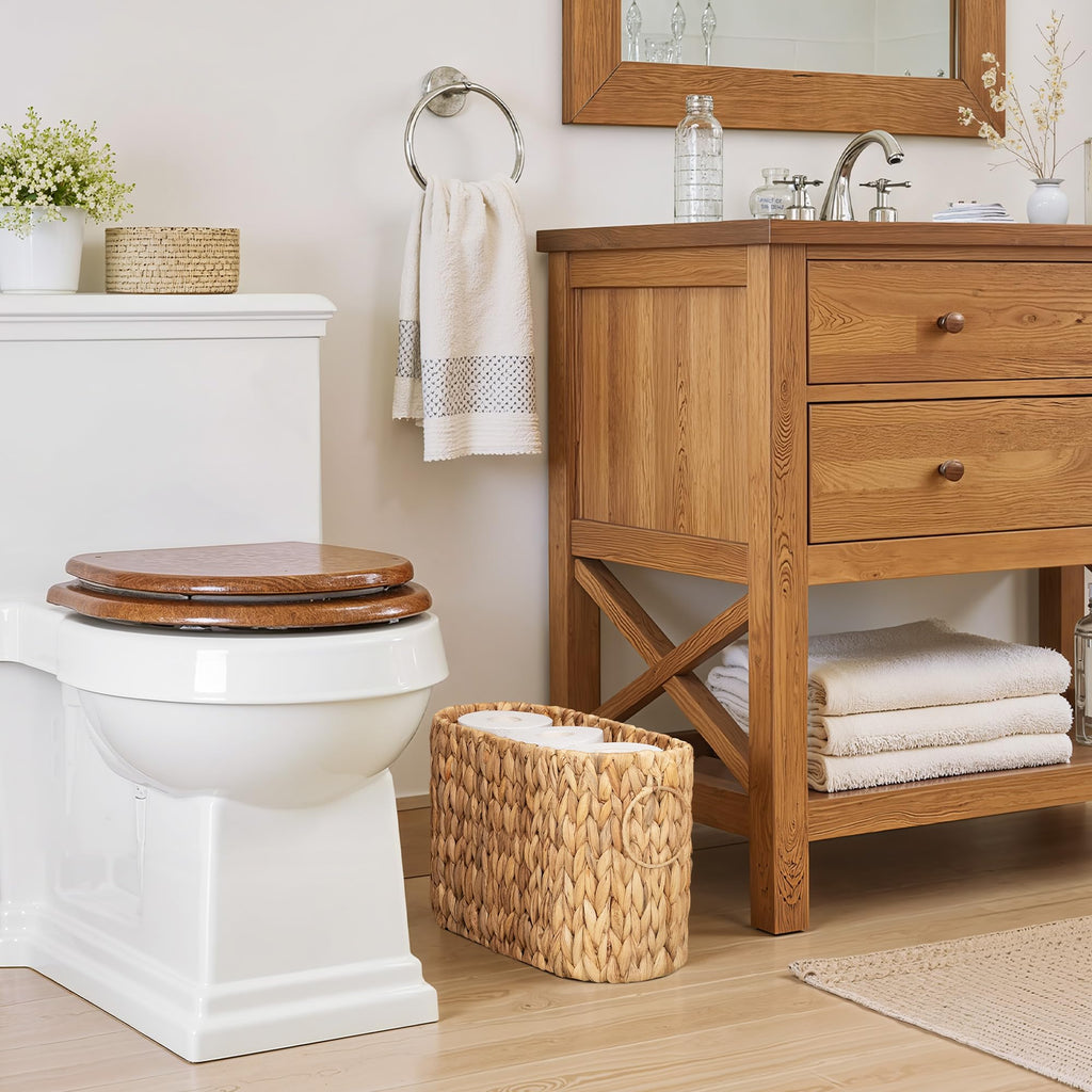 StorageWorks Bathroom Toilet Paper Storage Holder with Lid, Wicker Toilet Paper Basket for 6 Regular Rolls, Slim Basket Organizer with Handles, Water Hyacinth Storage Baskets for Bathroom, Brown