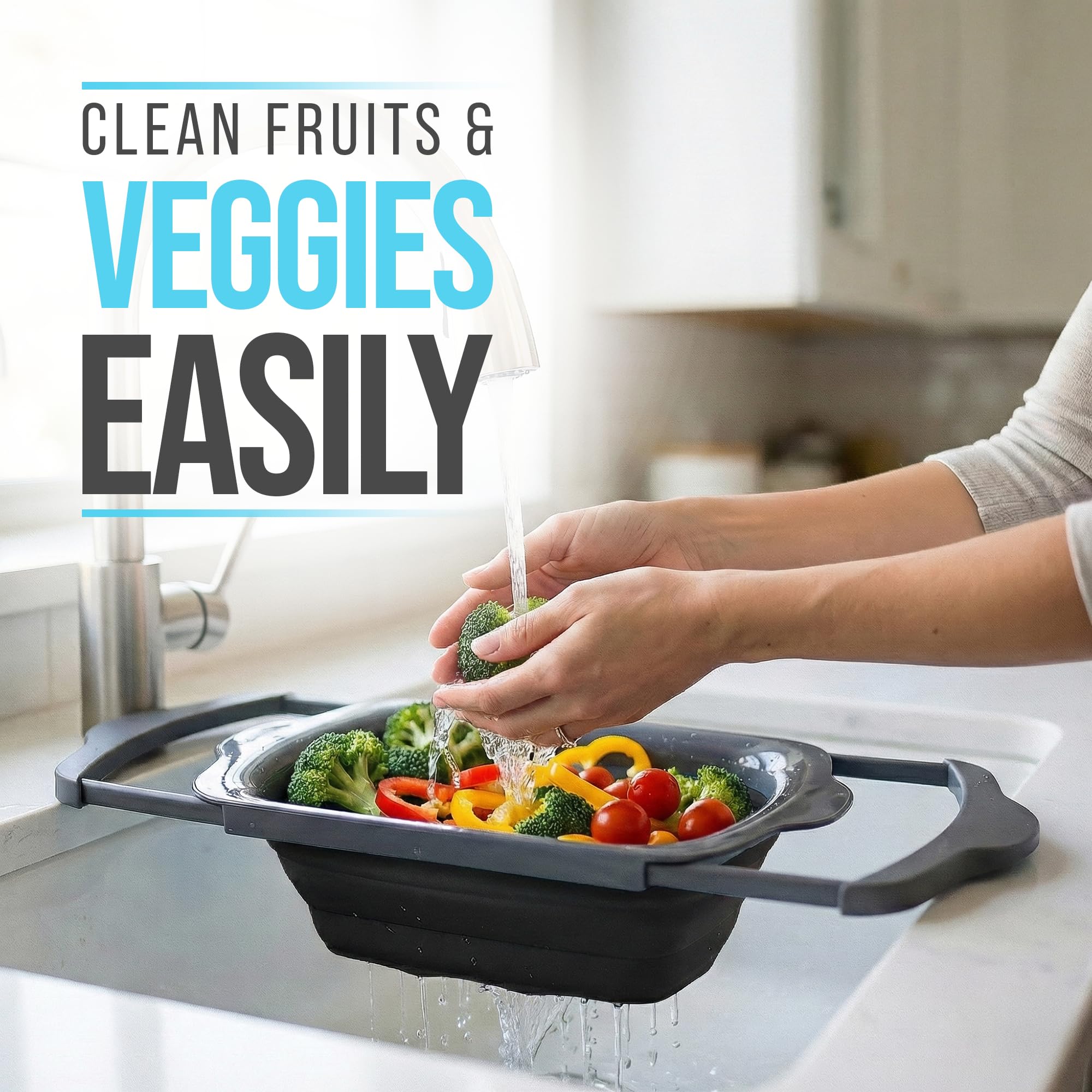 Comfify Over-the-Sink Colander with Handles – Sleek Plastic Black Kitchen Strainer for Pasta, Vegetables & Fruits – Space-Saving Design – 17.1 x 10.2 x 1.75 Inches