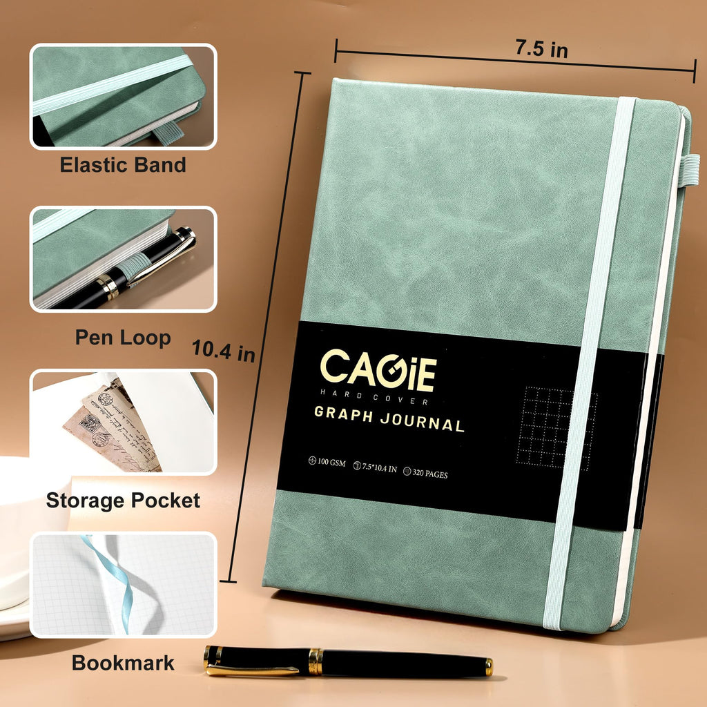CAGIE Bullet Dotted Journal Notebook 320 Pages 100 GSM Paper Hardcover A5 Dot Grid Notebook Leather Journals for Writing Women Men Work Journaling, Black