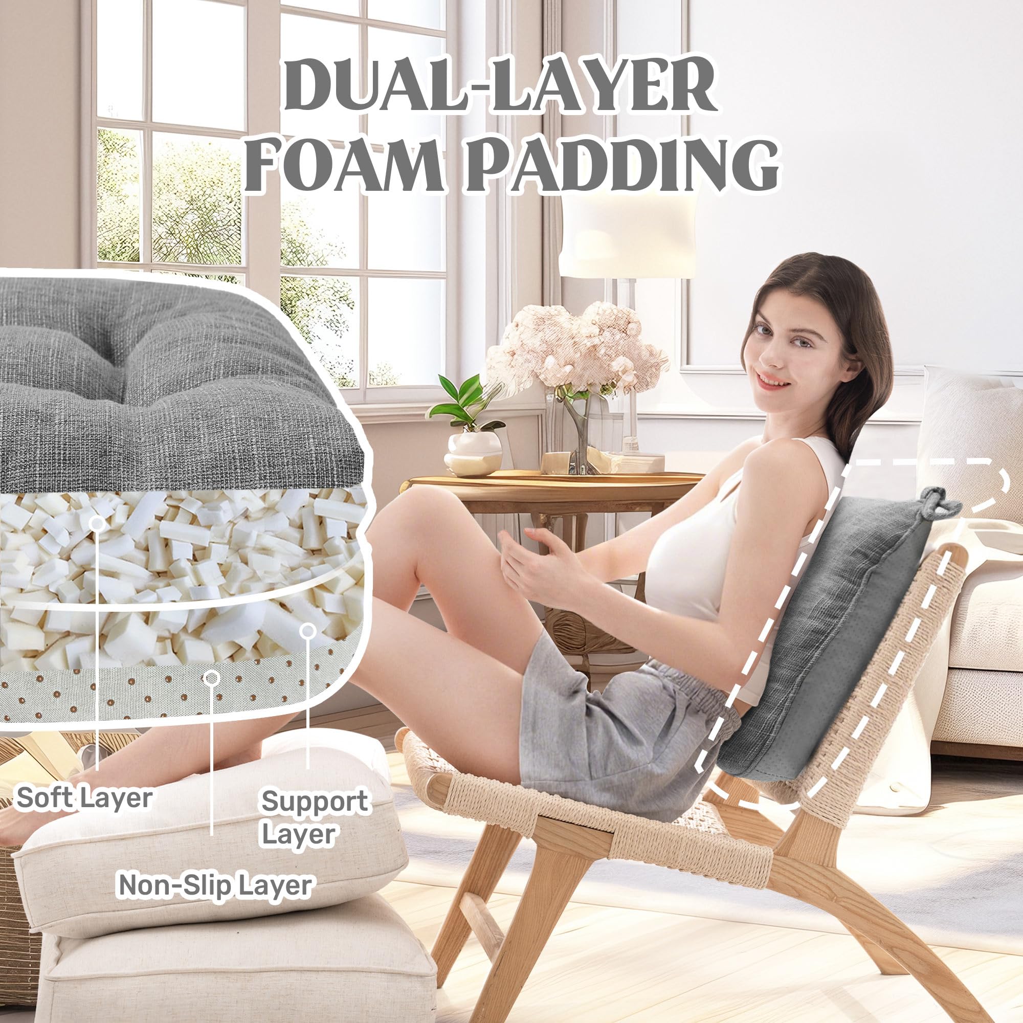 puredown® Chair Cushions for Dining Chairs, Tufted Memory Foam Chair Pads with Non-Slip Backing, Kitchen Seat Cushions with Ties, Washable Seat Pad Set of 4, 15.5" x 15.5" x 4", Light Grey