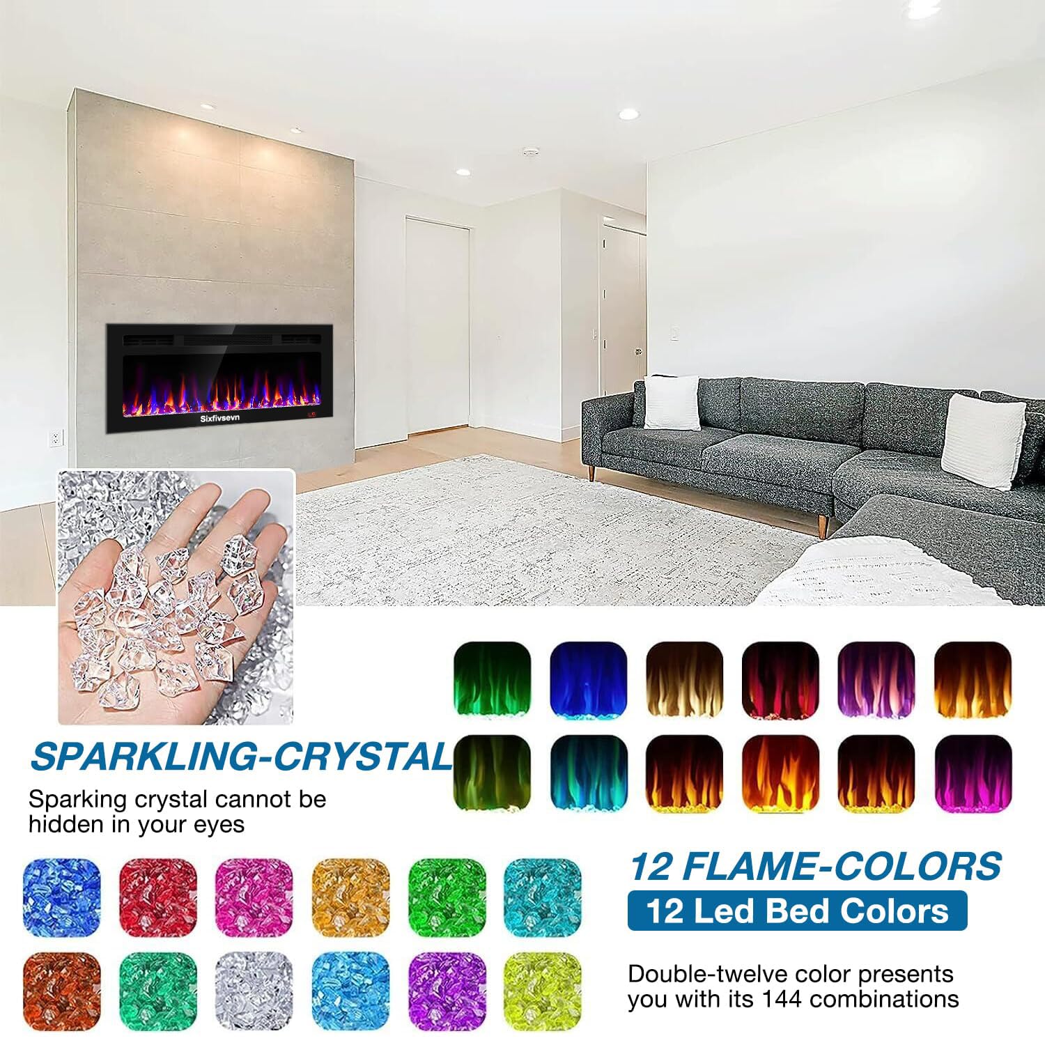 31 Inch Electric Fireplace Recessed and Wall Mounted, Fireplace Heater and Linear Fireplace, Ultra-Thin Electric Fireplace, Low Noise, with Timer, Remote Control, Adjustable 12 Flame Color, 750/1500W