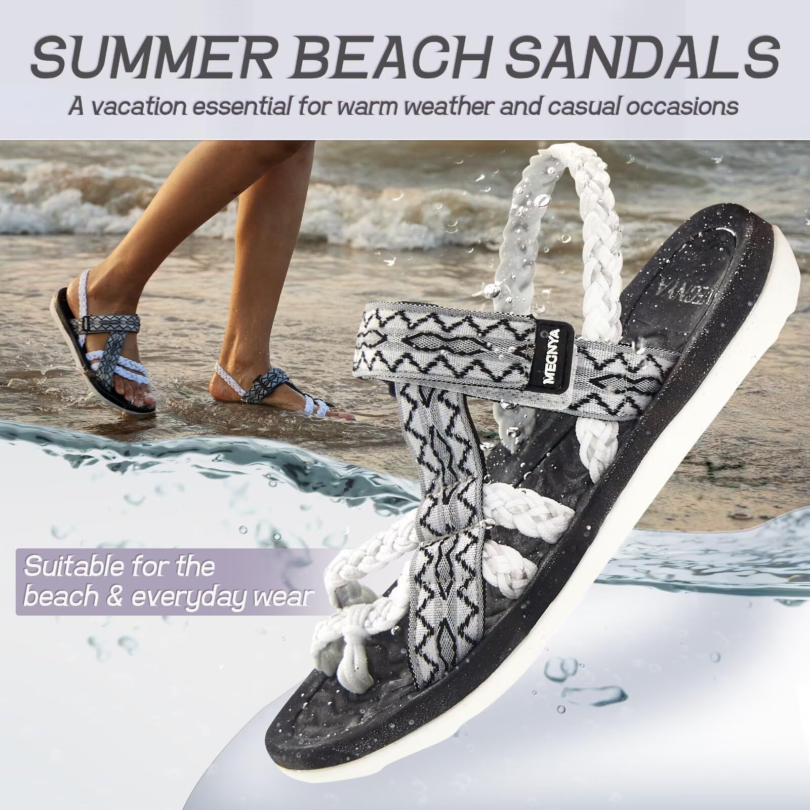 MEGNYA Hiking Sandals for Womens, Comfortable Walking Flip Flop Sandals with Arch Support, Athletic Sandals with Hook and Loop Straps for Beach Vacation Adventure