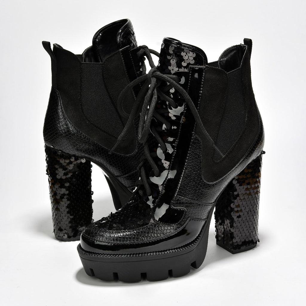 Cape Robbin Nell Heeled Boots for Women Sparkly Sequin Platform Chelsea Boots Women - Chunky Block Heels with Sequined Tongue and Heel - Stylish Glitter Ankle Boots for Women