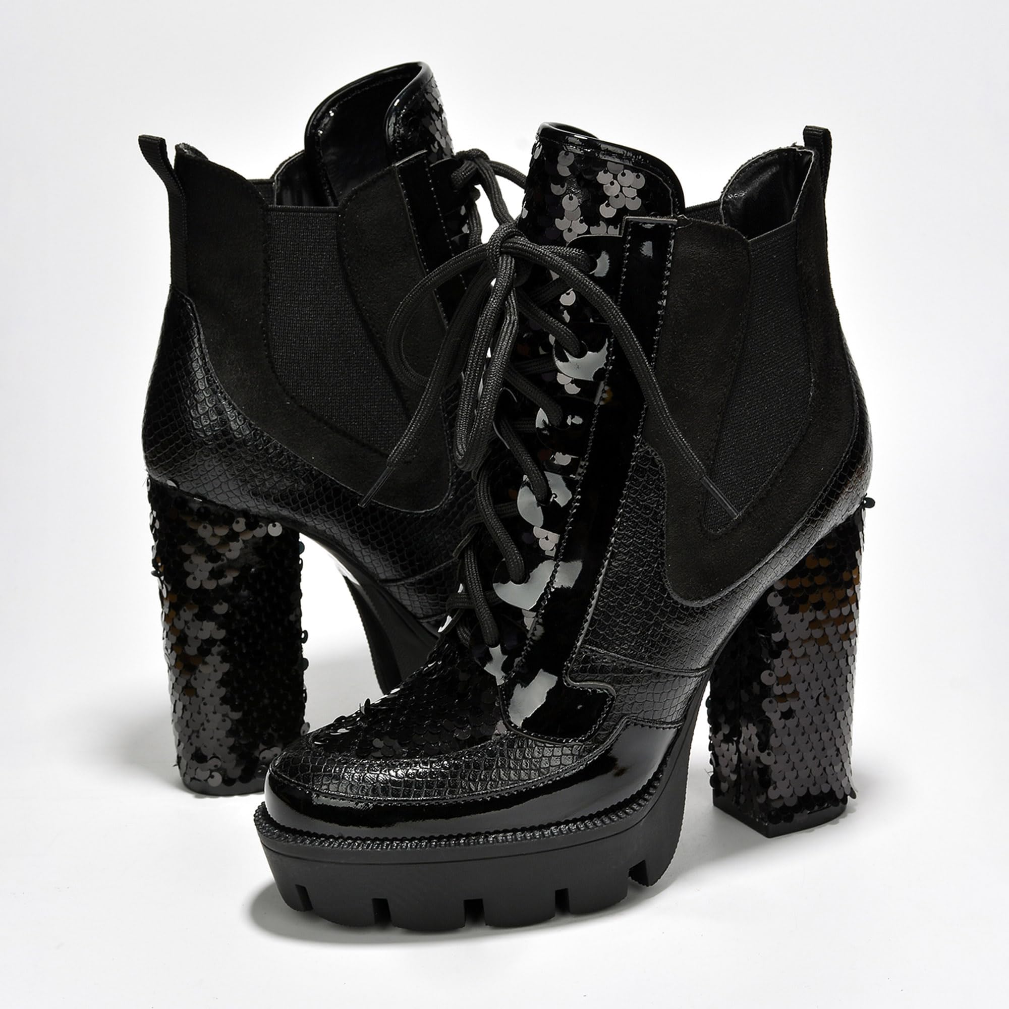 Cape Robbin Nell Heeled Boots for Women Sparkly Sequin Platform Chelsea Boots Women - Chunky Block Heels with Sequined Tongue and Heel - Stylish Glitter Ankle Boots for Women