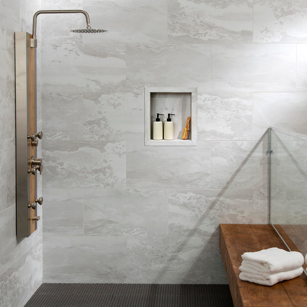 Palisade 17.5 in x 15.5 in Vinyl Shower Niche Ashen Slate | Waterproof Shower Insert