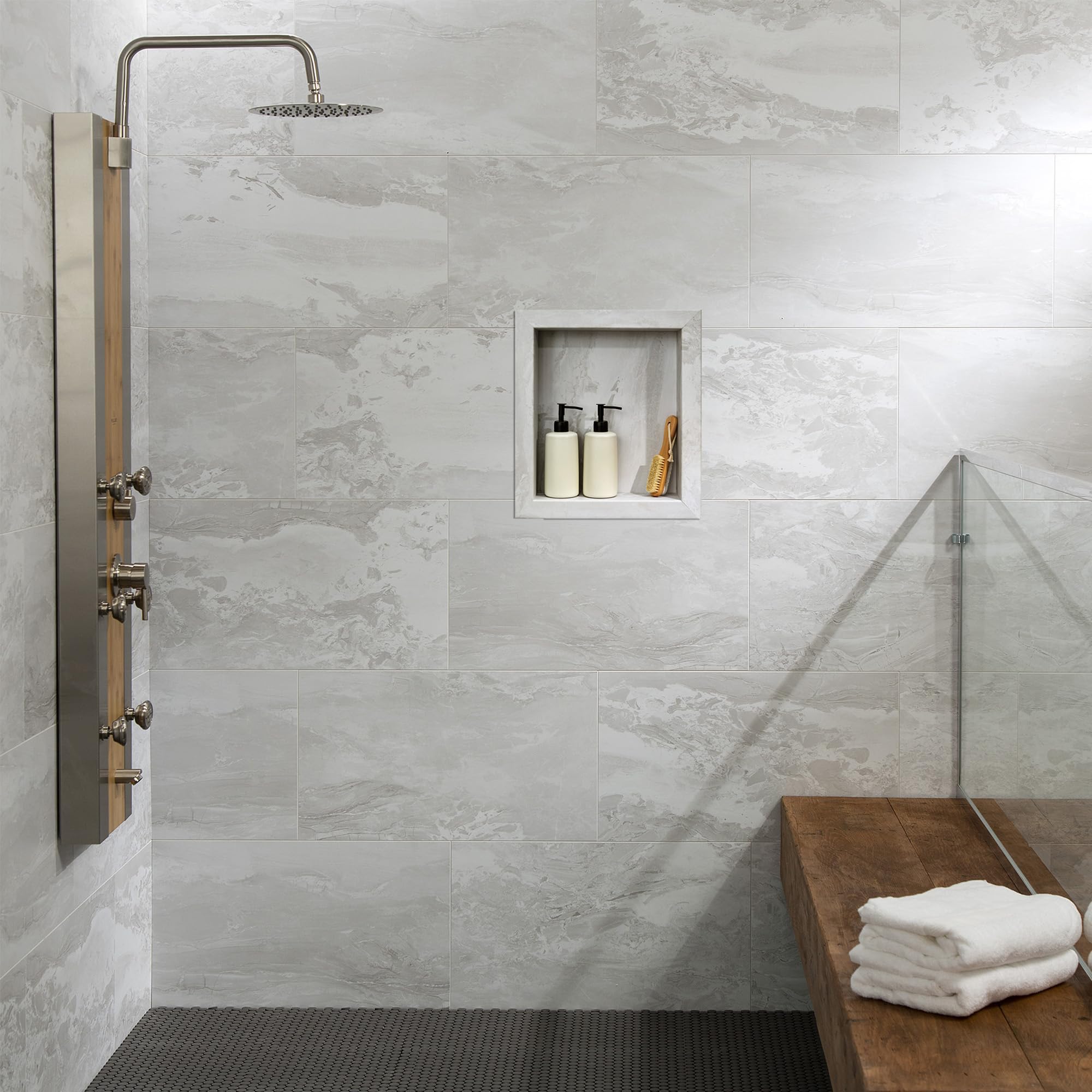 Palisade 17.5 in x 15.5 in Vinyl Shower Niche Ashen Slate | Waterproof Shower Insert