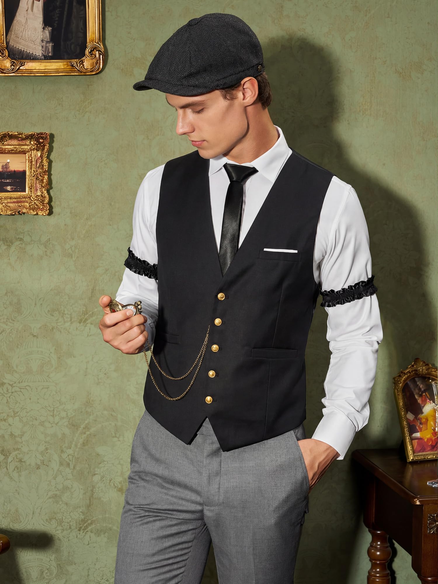 YESSA 1920s Mens Costume,Roaring 20s Costumes for Men,Gatsby Costume Men,1920s Mens Outfit Hat Vest Pocket Watch Tie