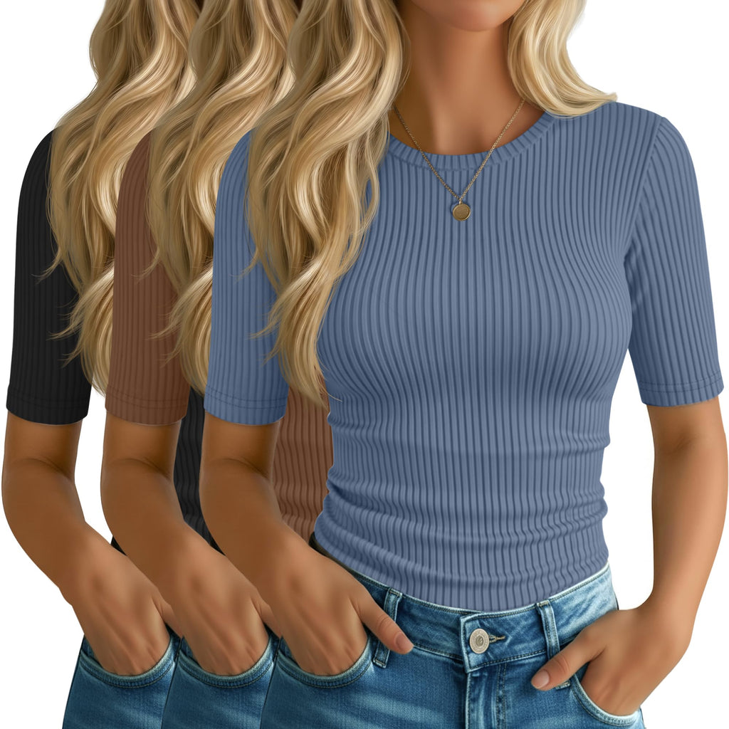 Riyiper 3 Pack Women's Elbow Length Tops, Half Sleeve Ribbed Cotton T Shirt Crew Neck Summer Tee Slim Fit Casual Blouses