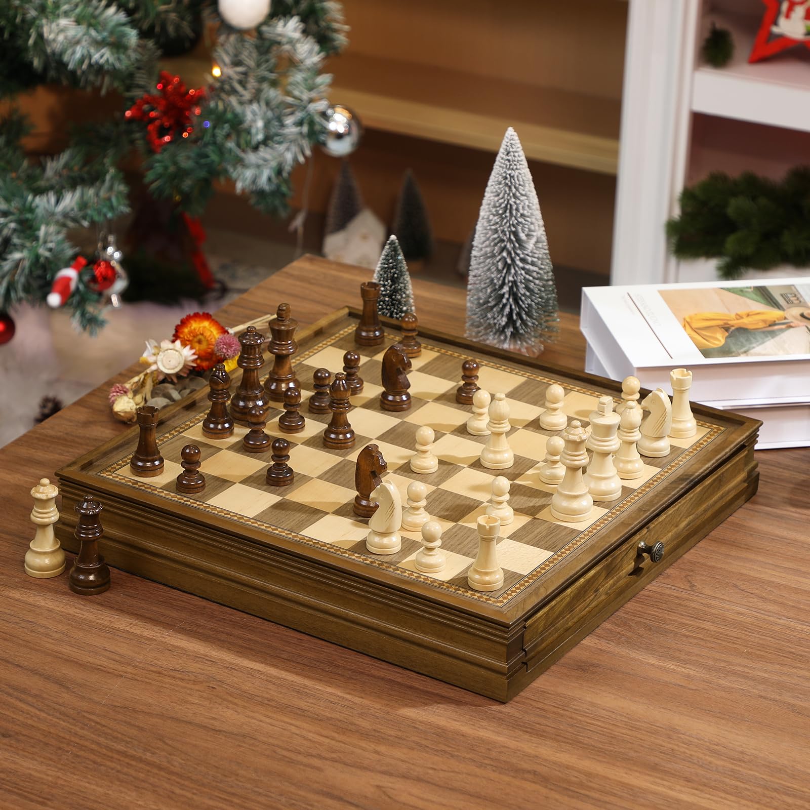 Peradix Magnetic Chess and Checkers Set with 2 Built-in Storage Drawers, Classic 2 in 1 Wooden Board Games, Magnetic Chess Pieces 2 Extra Queens, 12.8" Chess Set for Adults and Kids Gift Package