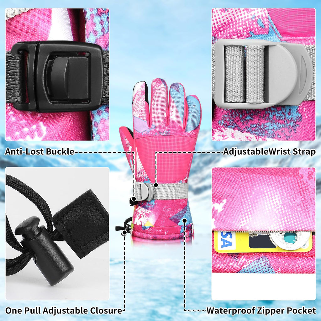 Ski Gloves,Snow Gloves Waterproof Winter Warm Cold Weather Touchscreen Gloves for Parent& Child Kids Skiing,Snowboarding